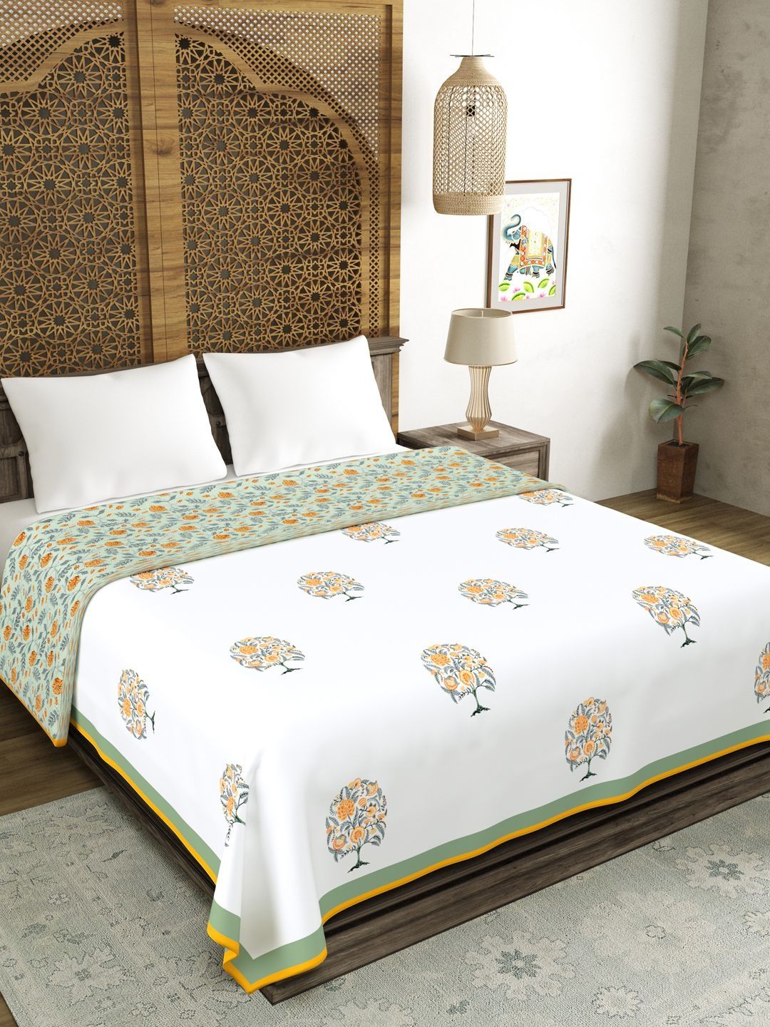 BLOCKS OF INDIA Green & Yellow Ethnic Motifs AC Room 150 GSM Dohar-picture-30