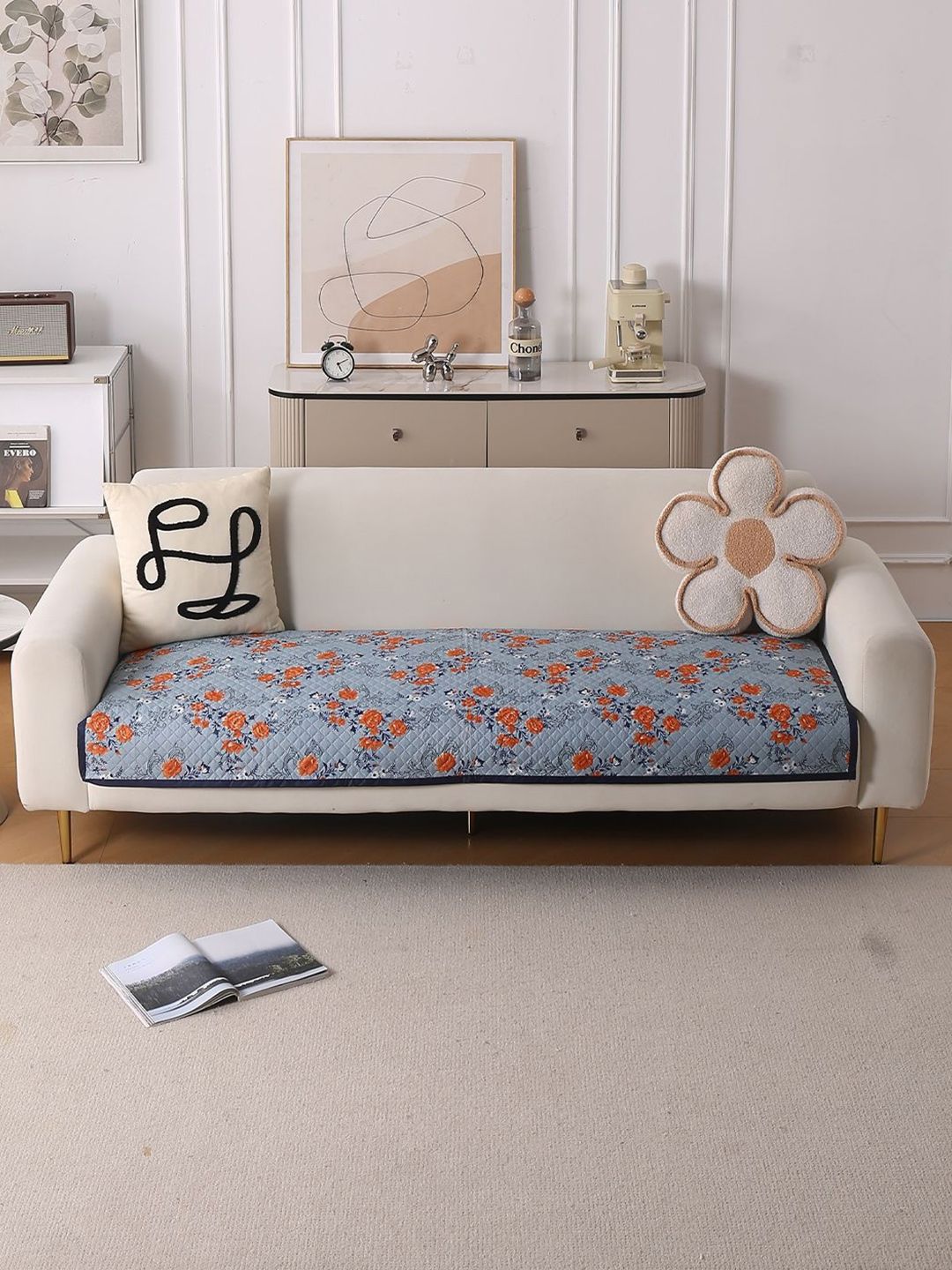 HOKIPO Blue Printed 1 Piece Sofa Cover Without Arms-picture-15