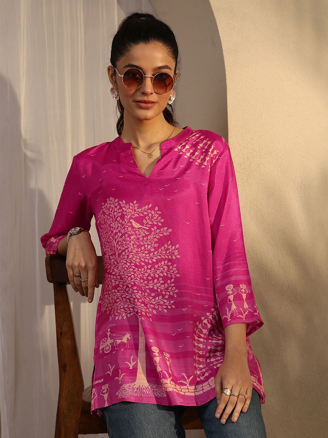 Libas Women Pink Humanoid Printed Muslin Straight Short Kurti-picture-46