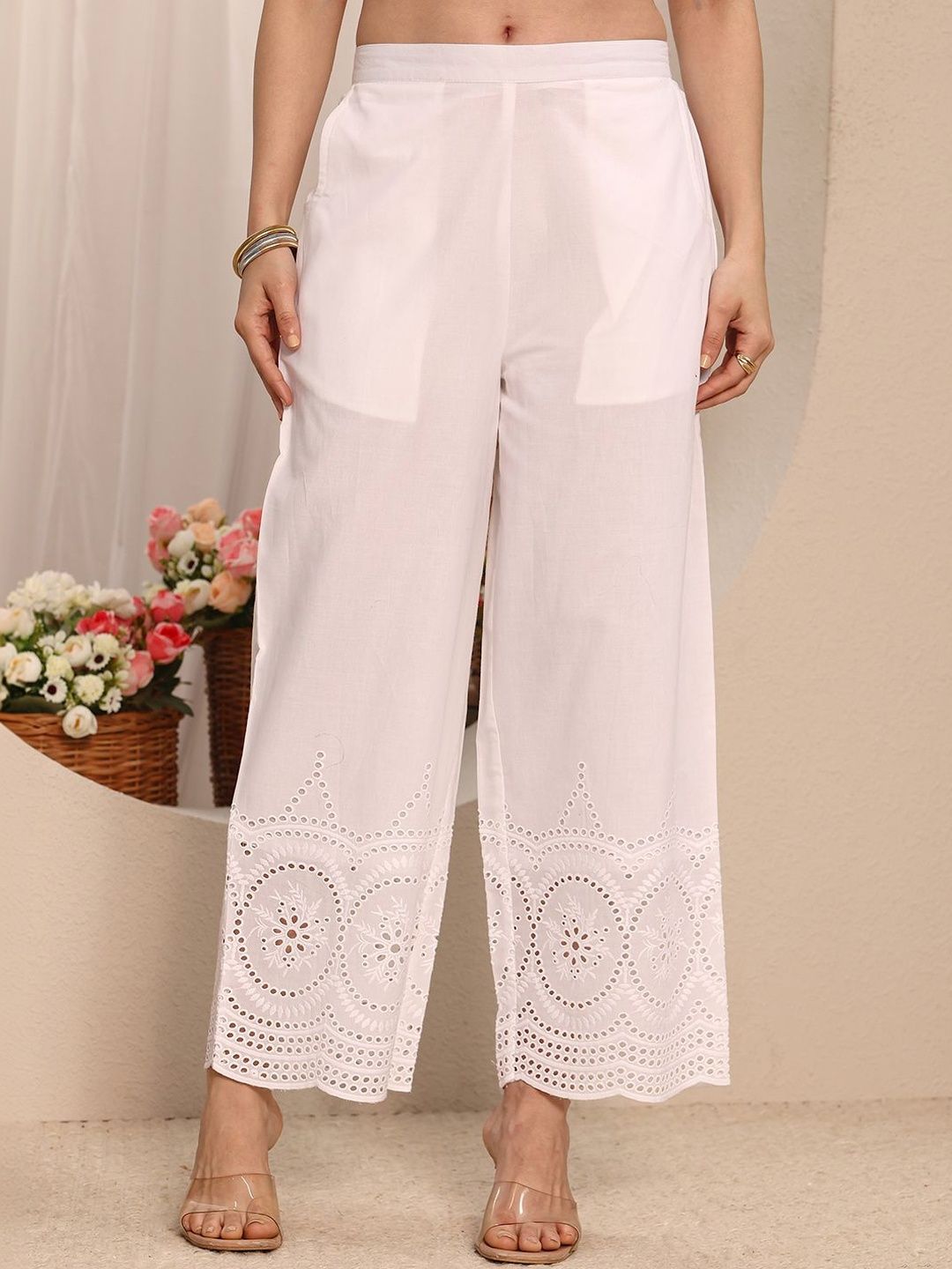 Libas Women White Solid Schiffli Design Cotton Palazzo-picture-18