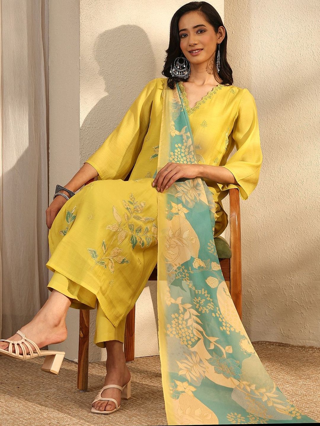 Libas Women Embroidered Regular Chanderi Cotton Kurta with Trousers & With Dupatta-picture-12