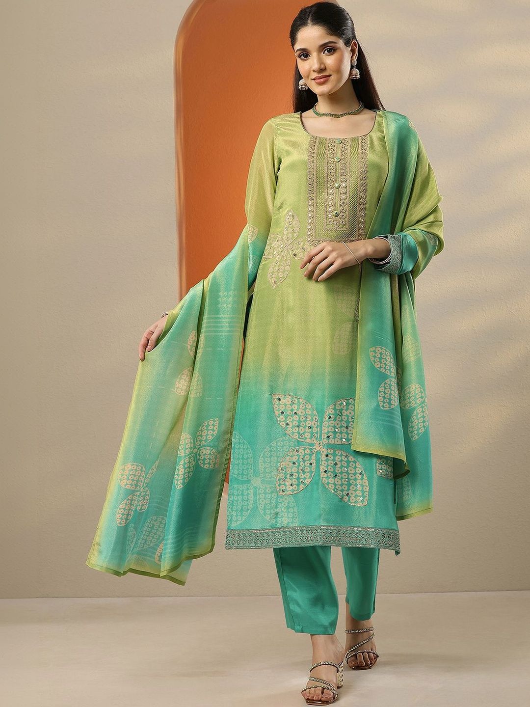 Libas Women Ombre Dyed Regular Mirror Work Silk Crepe Kurta with Trousers & With Dupatta-picture-50