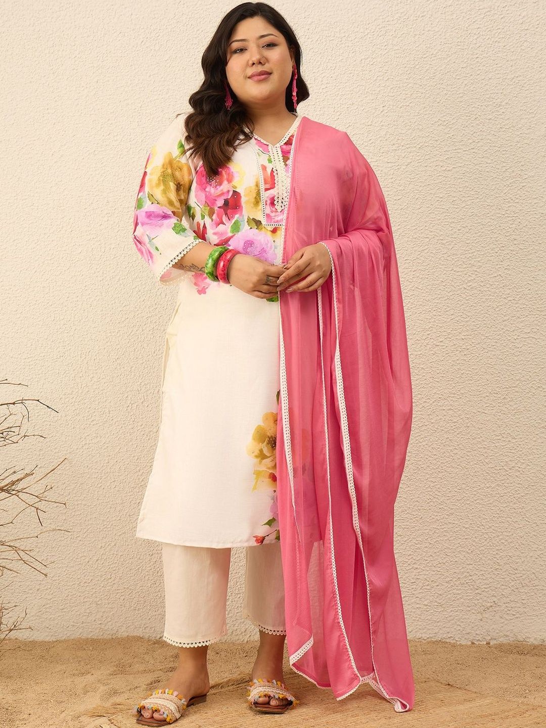 Indo Era Plus Size Floral Printed Regular Kurta with Trousers & With Dupatta-picture-29