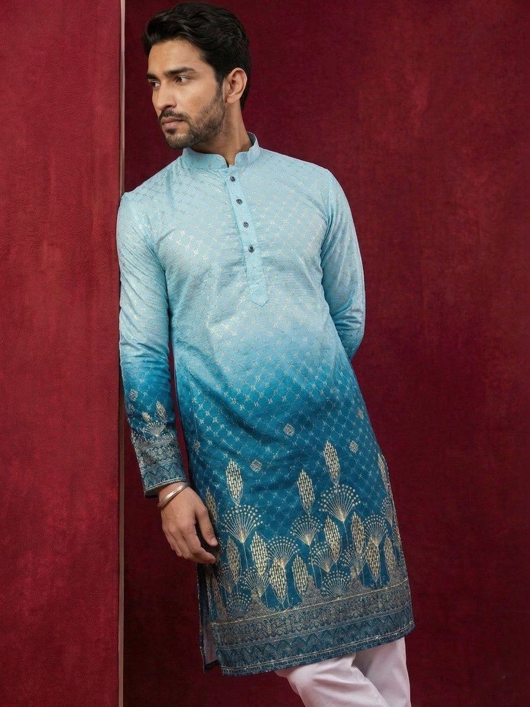 Dincharya Men Ethnic Motifs Printed Sequinned Floral Kurta-image-35
