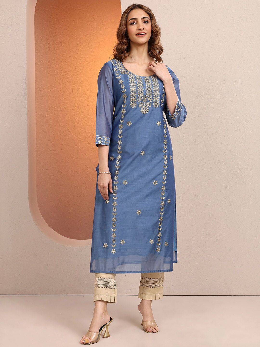 Embroidered Cotton Straight Regular Fit Kurta for Women