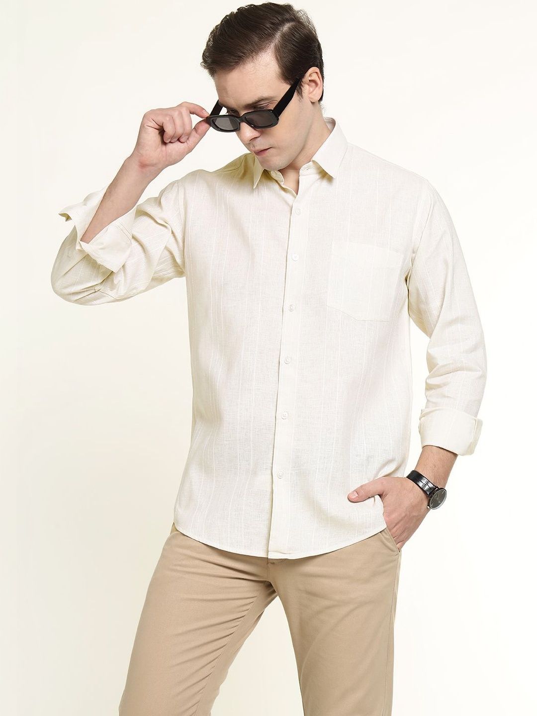 Hancock Men Vertical Striped Linen Slim Fit Formal Shirts-picture-35