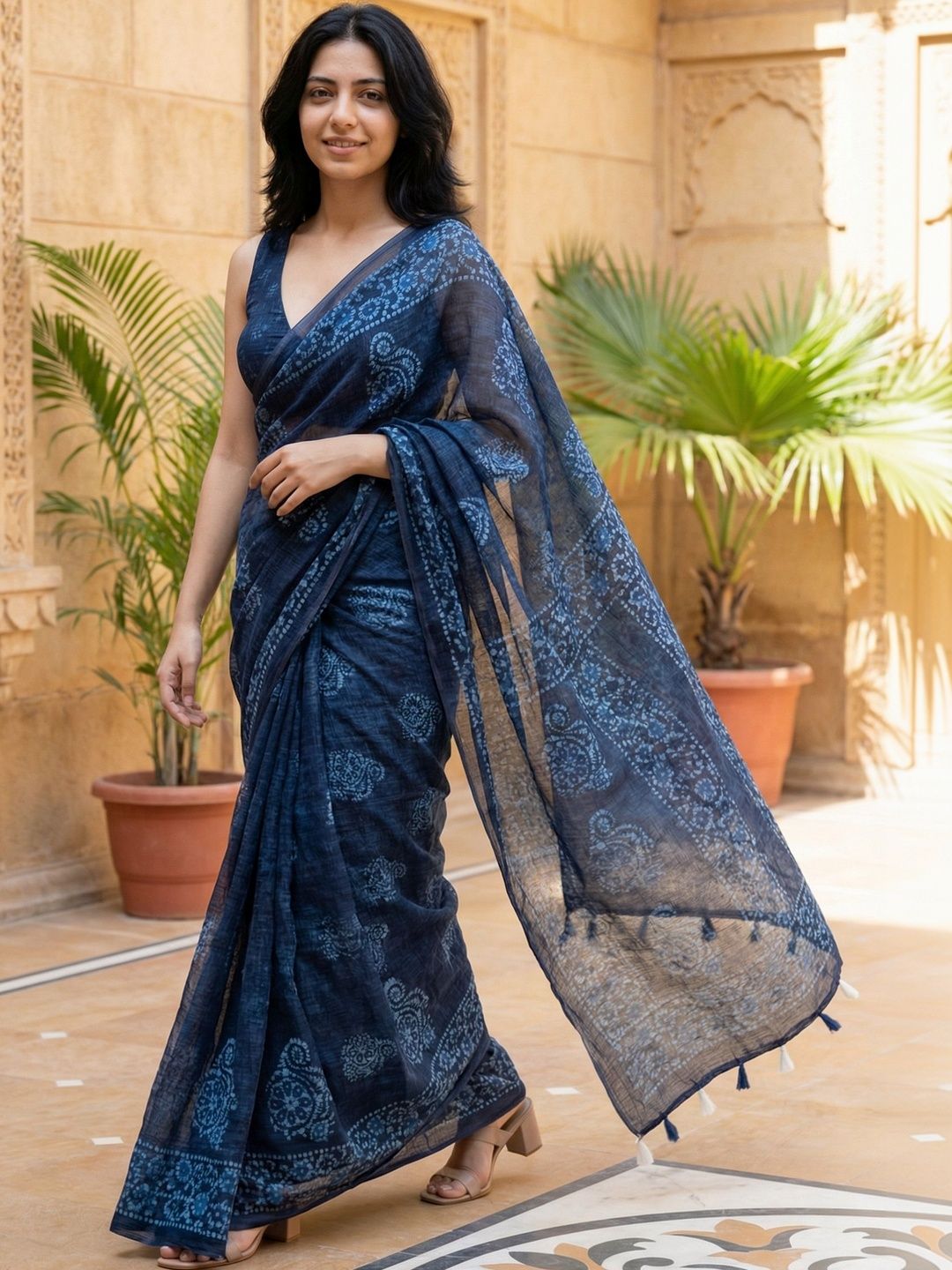 AANVI Blue Digital Printed Supernet Paisley Motifs Blouse Piece & Sarees-image-3