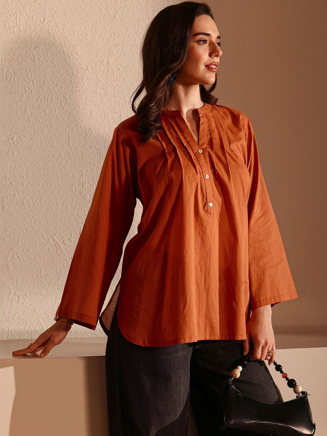 Libas Rust Solid Cotton Straight Short Kurti-picture-56