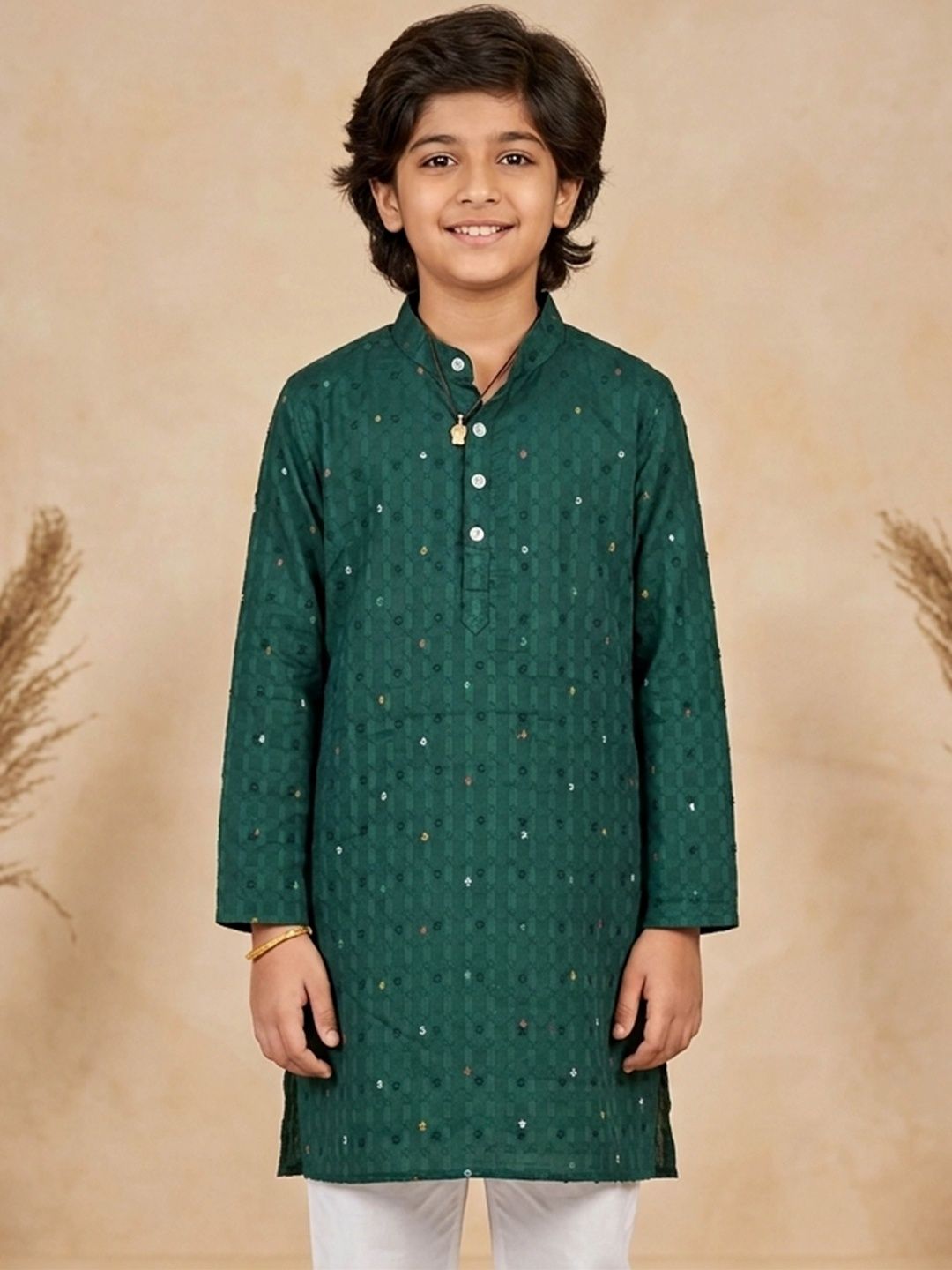 KiddoPanti Boys Geometric Woven Design Mandarin Collar Asymmetric Kurta-picture-36