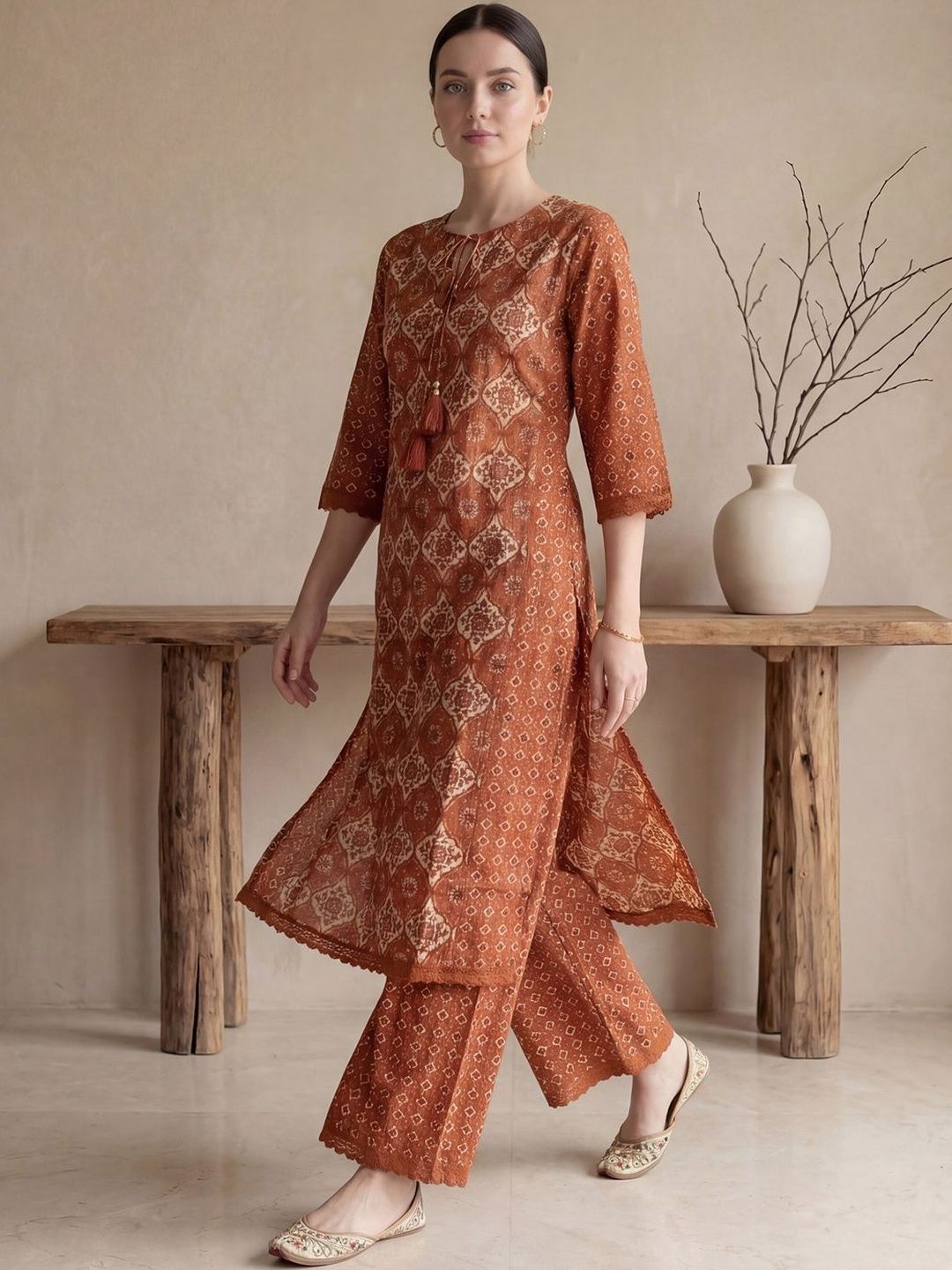 Indo Era Women Printed Panelled Pure Cotton Kurta with Palazzos