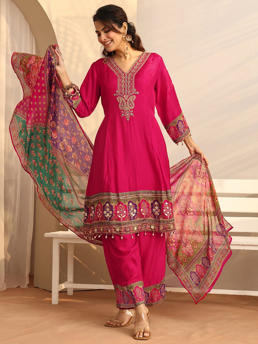 Libas Fuchsia Pink Floral Printed Silk Blend A-line Suit Set-picture-12