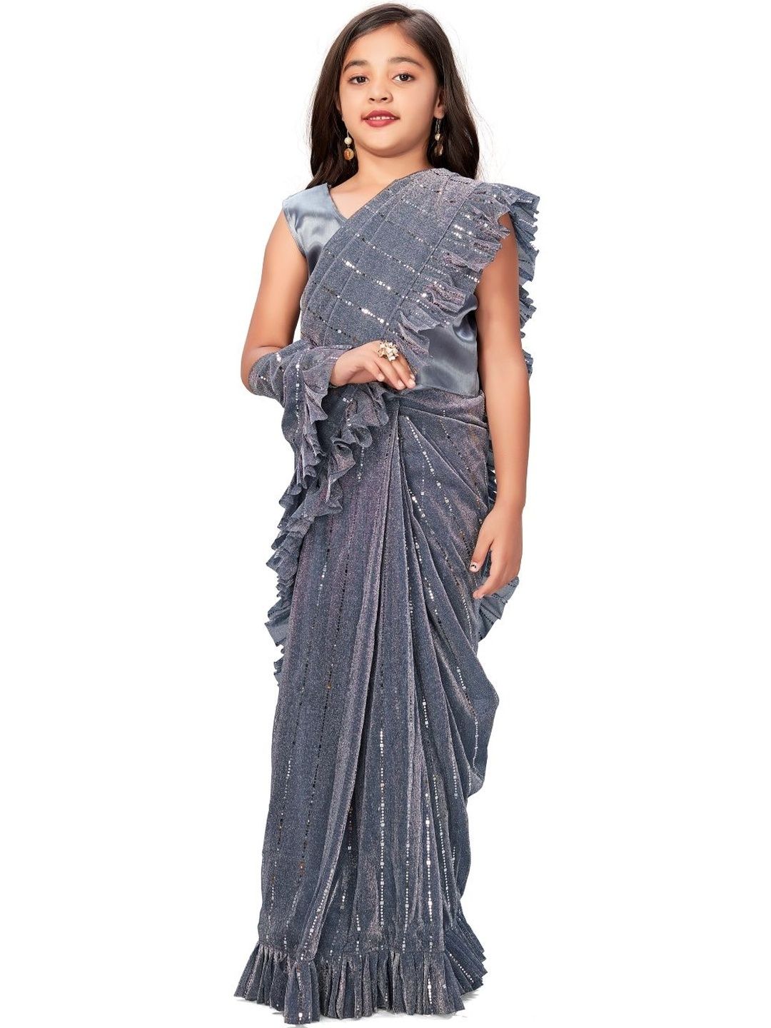 Sangria Sangria Girls Embellished Ruffle Ready To Wear Sarees