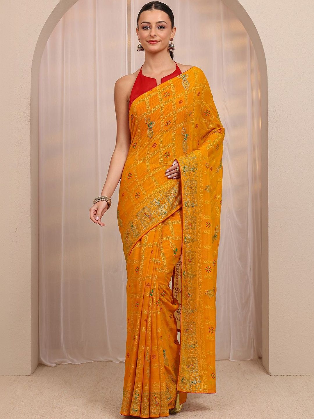 Libas Mustard Gharchola Saree with Unstitched Blouse Piece-picture-11