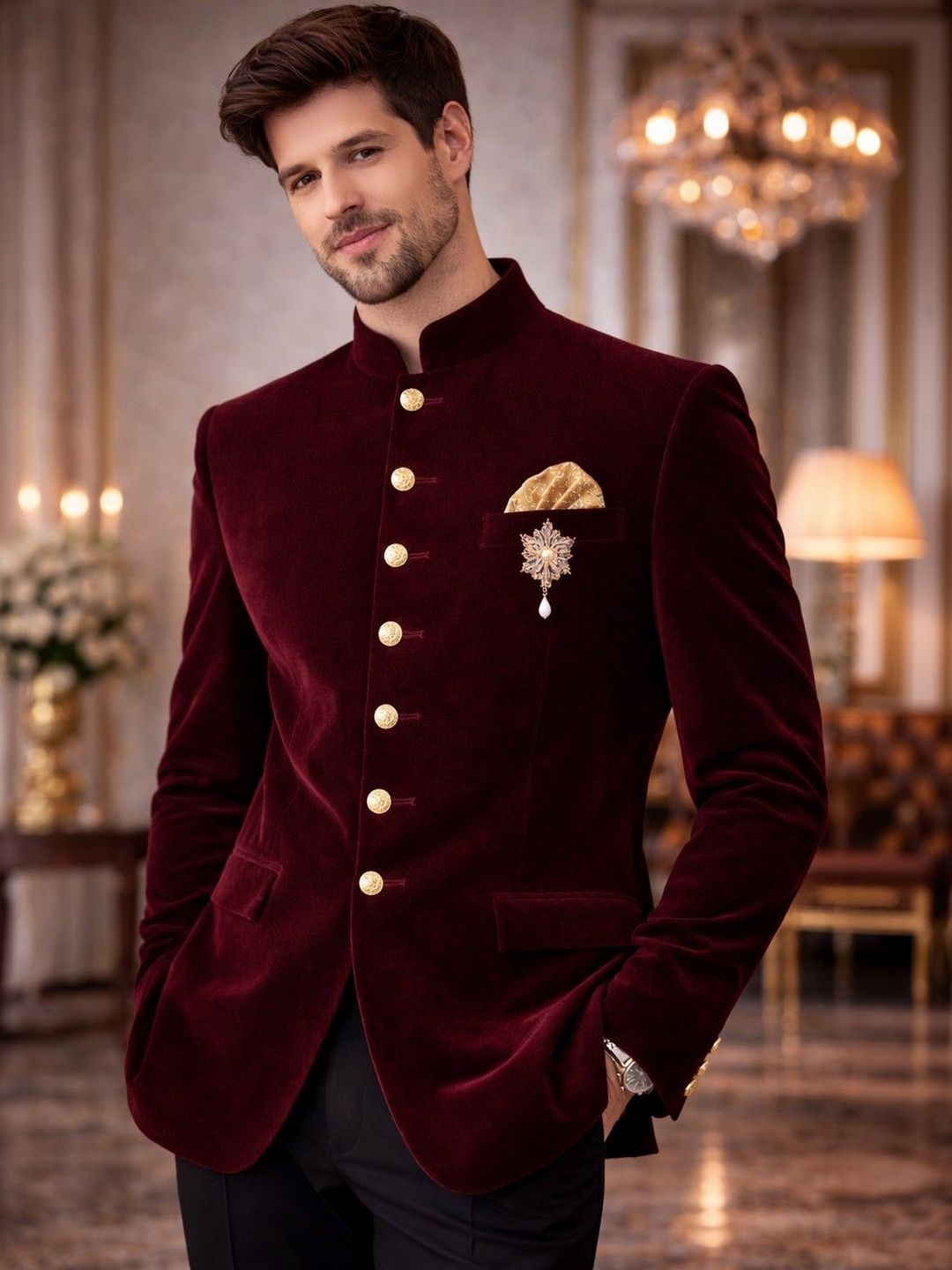 House of Pataudi Embellished Tailored-Fit Jodhpuri Bandhgala Party Blazer-picture-13