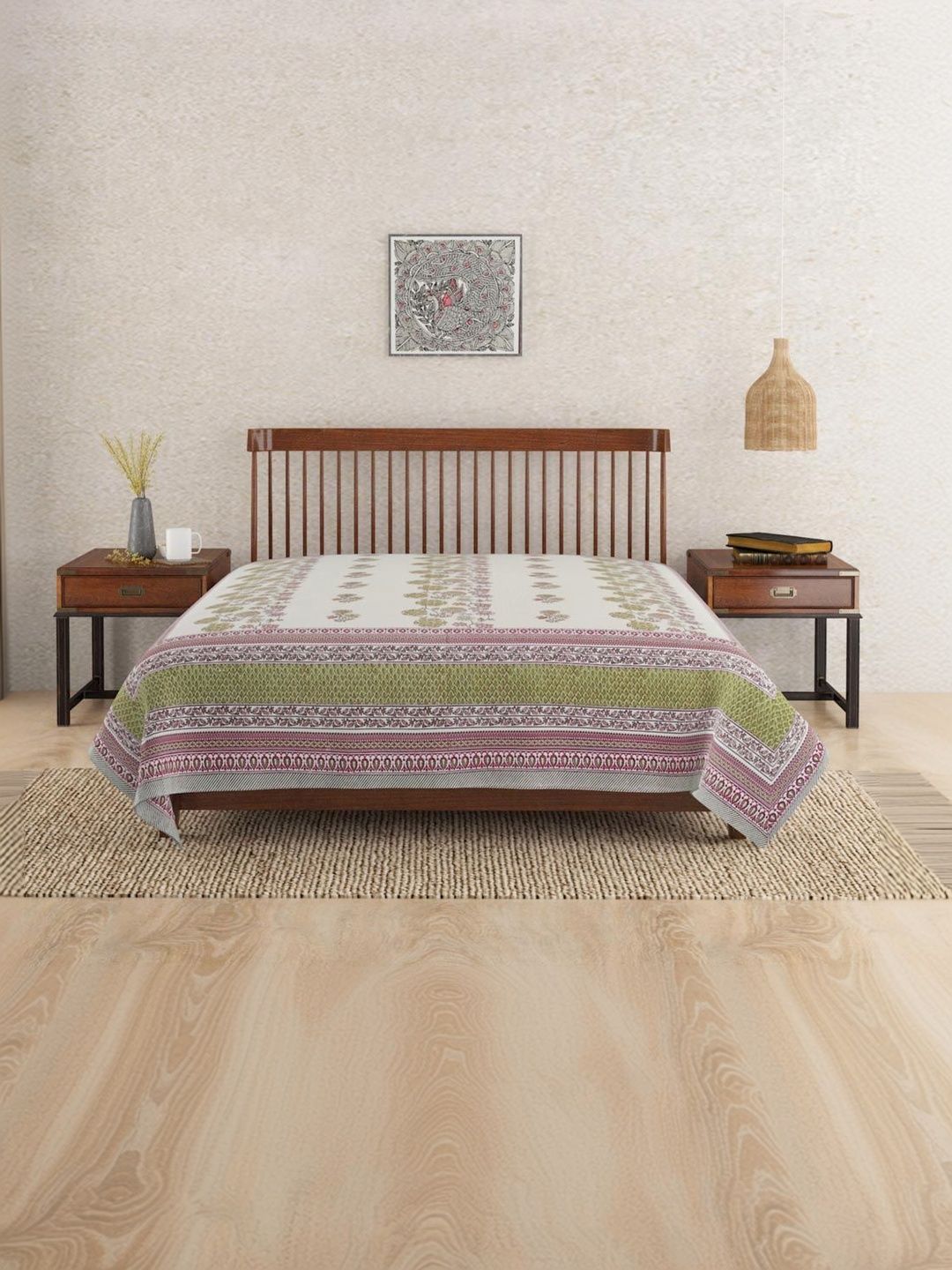 Fabindia Pink & Green Floral Printed Cotton Double King Bed Covers-picture-11