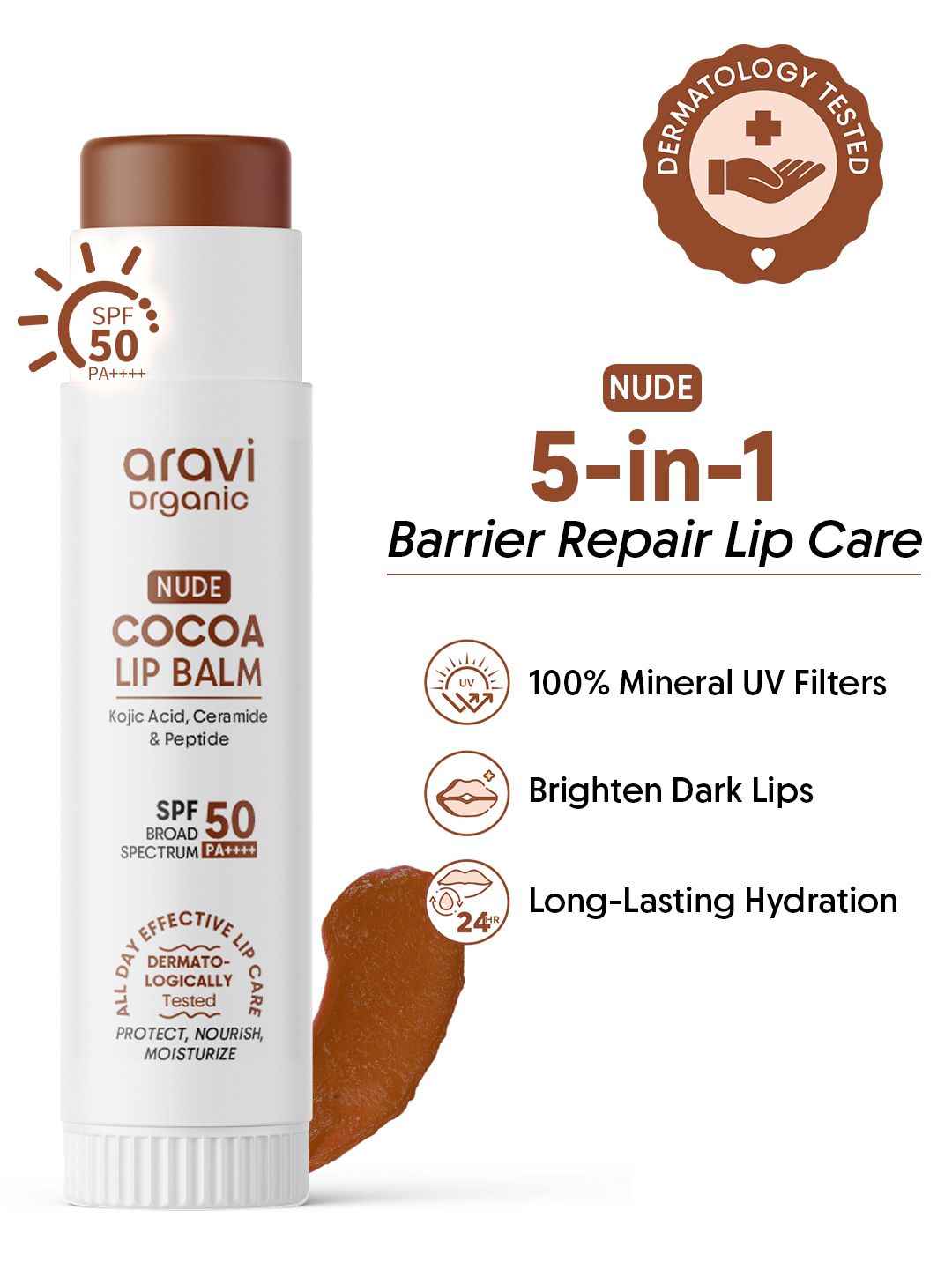 Aravi Organic Nude Cocoa Lip Balm SPF50 PA++++ Chapped & Dark Lips Kojic Acid- 5g-image-23
