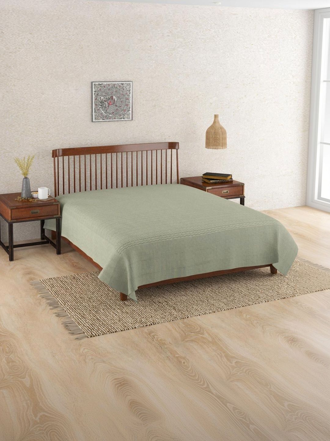 Fabindia Green Woven Design Cotton Double King Bed Covers-picture-11