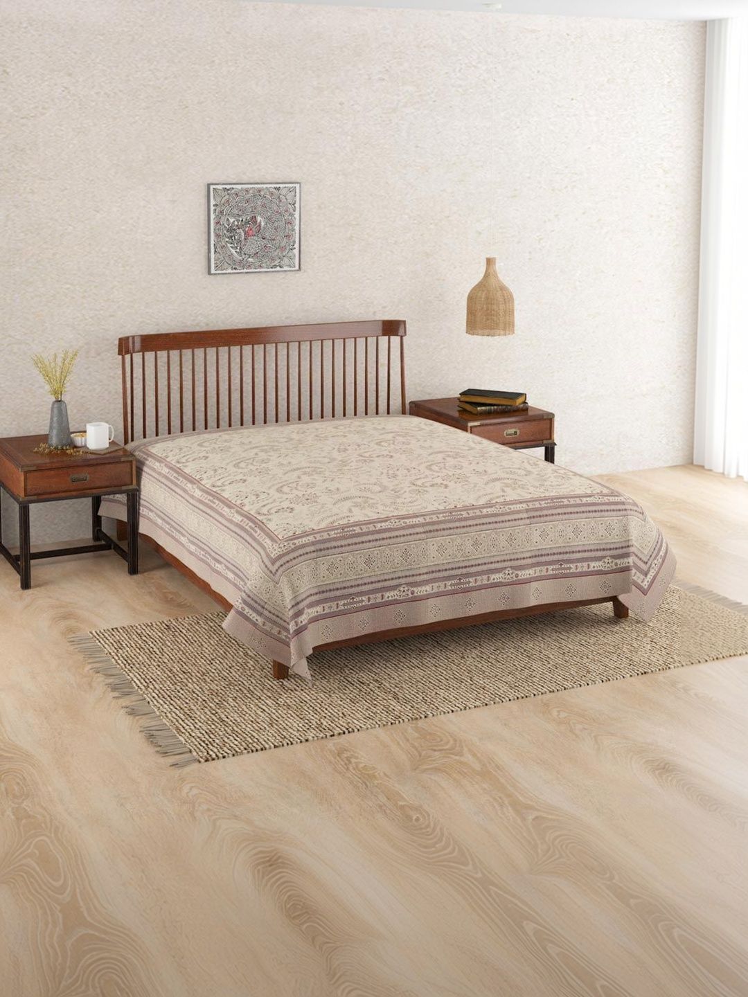 Fabindia Off White & Taupe Ethnic Motifs Cotton Double King Bed Covers-image-12