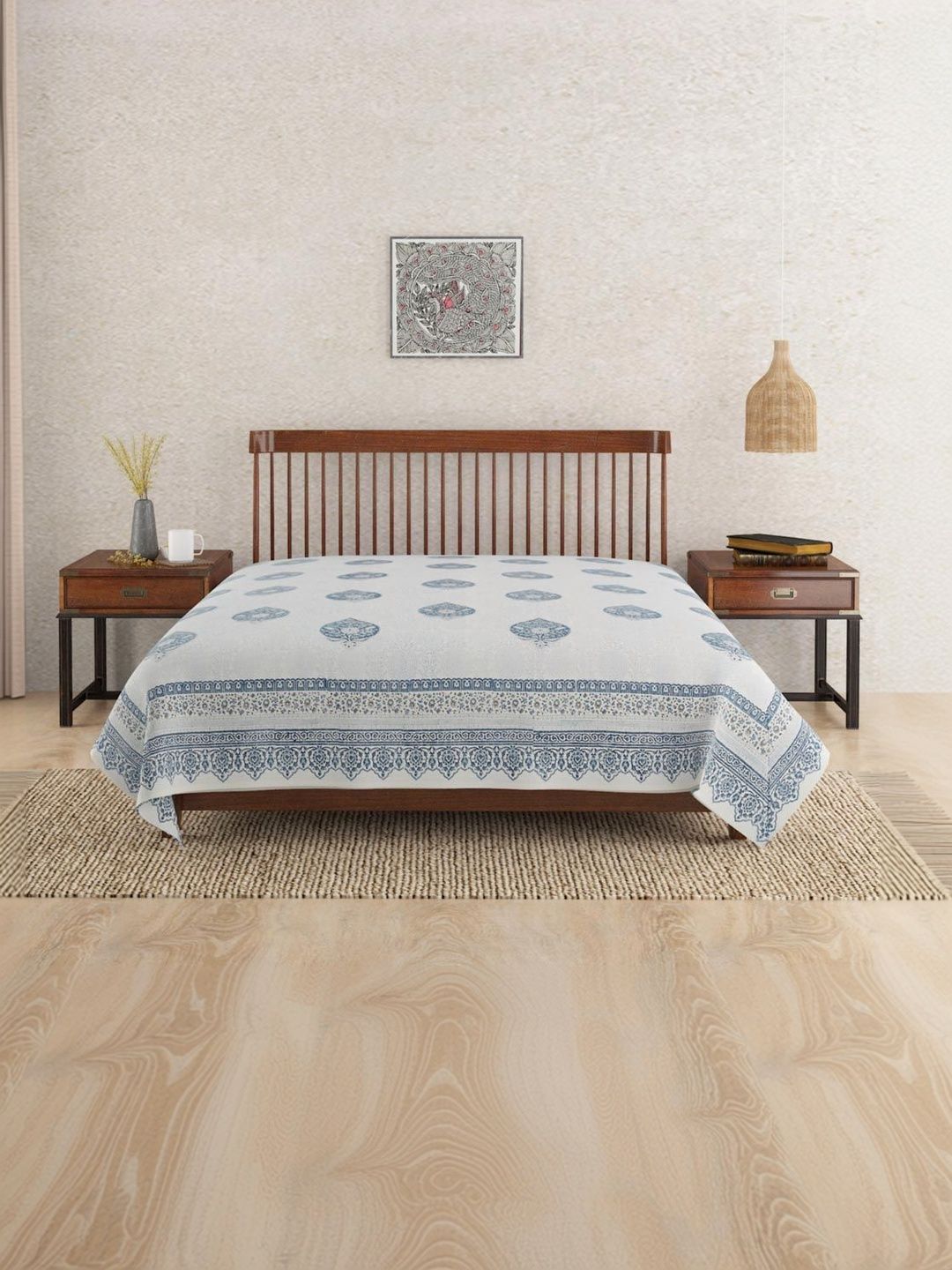 Fabindia Blue & White Ethnic Motifs Cotton Double King Bed Covers-image-11