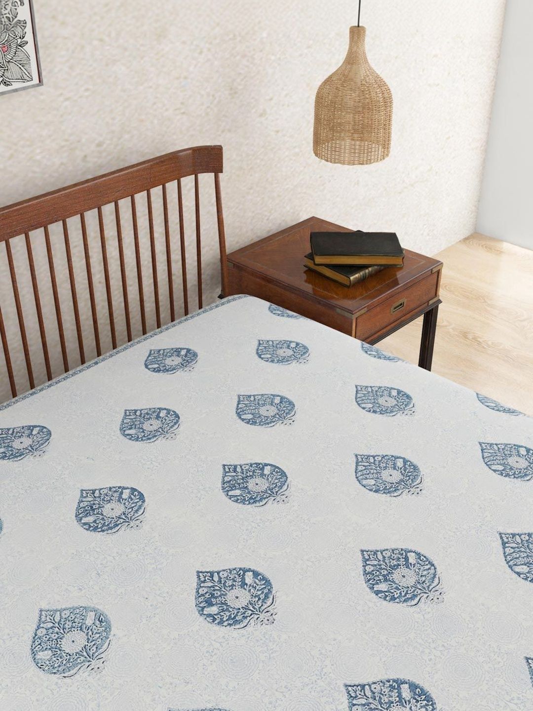 Fabindia Blue & White Printed Cotton Double King Bed Covers-image-26