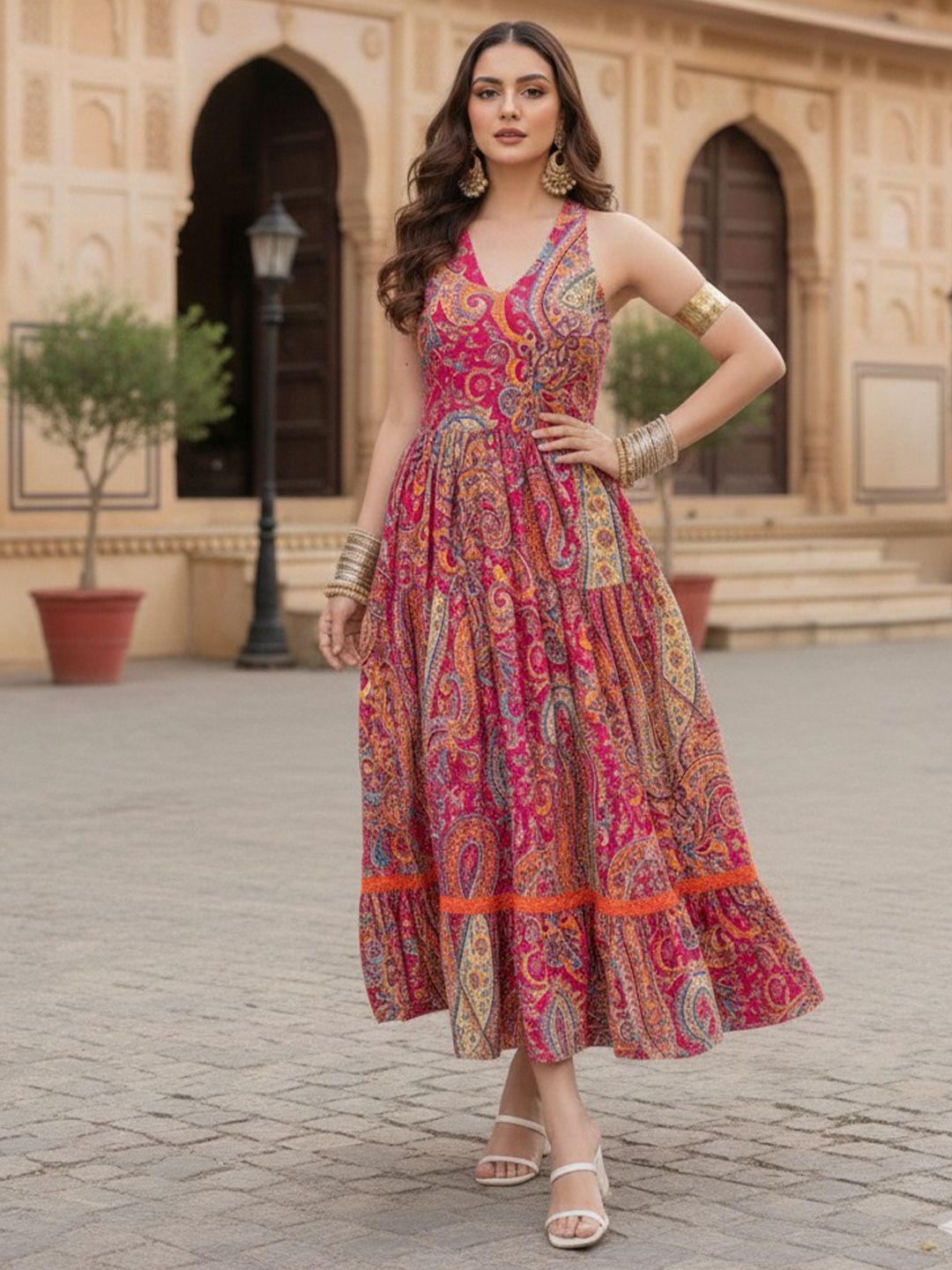 Demirner Print Ruffled Fit & Flare Midi Dress-image-6
