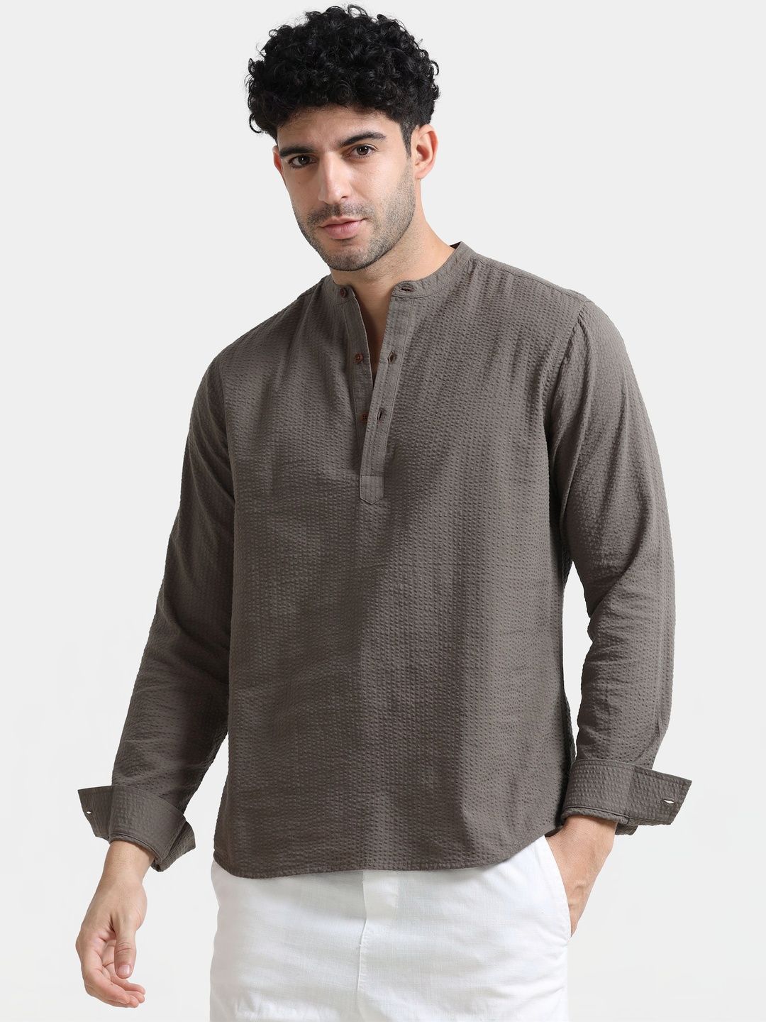 StitchX Men Seersucker Band Collar Pure Cotton Striped Kurta Shirt-picture-33
