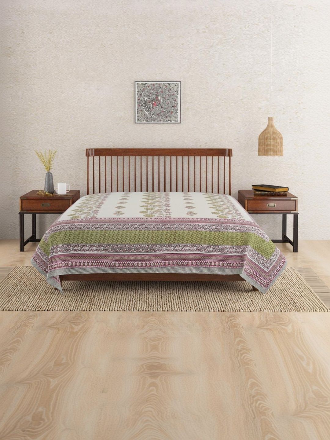 Fabindia Pink & Green Floral Printed Cotton Double King Bed Covers-image-22