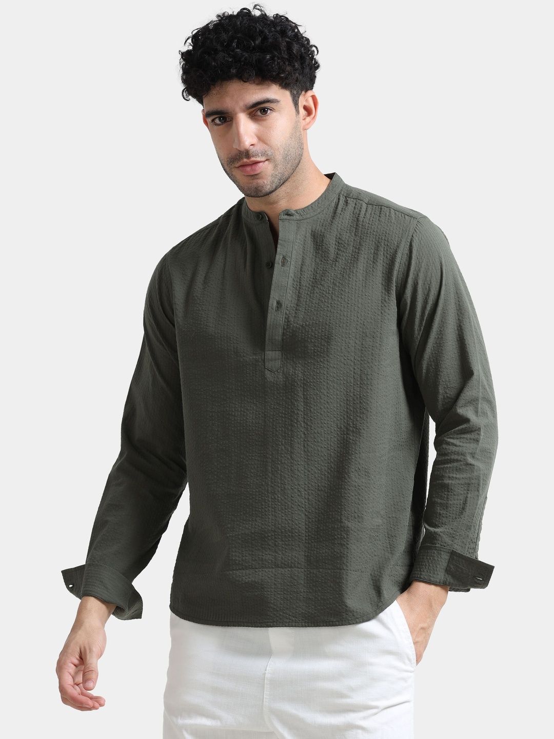 StitchX Men Seersucker Band Collar Pure Cotton Striped Kurta Shirt-picture-43