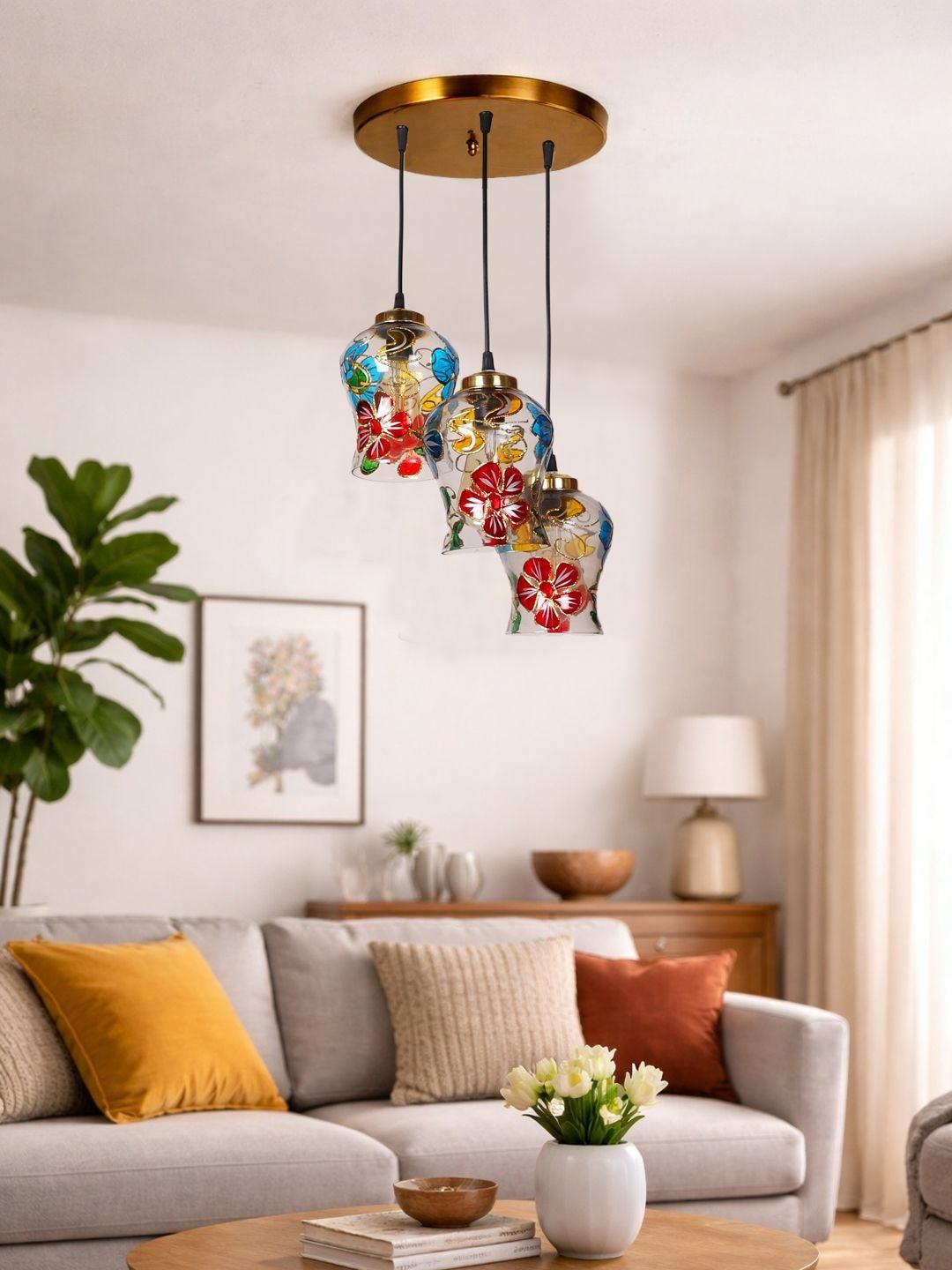 Aura Transparent & Red Textured Mosaic Glass 3 Cluster Contemporary Bell Ceiling Lamp-picture-34