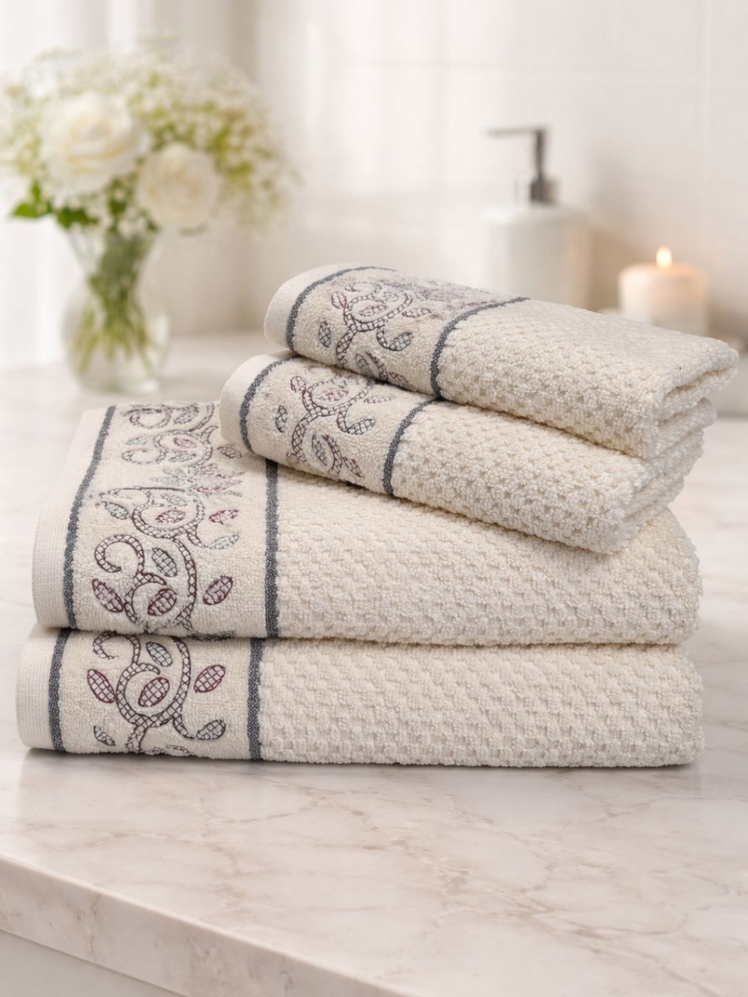 SENSES Cream-Coloured & Grey 4 Piece Cotton 550 GSM Towel Set-picture-14