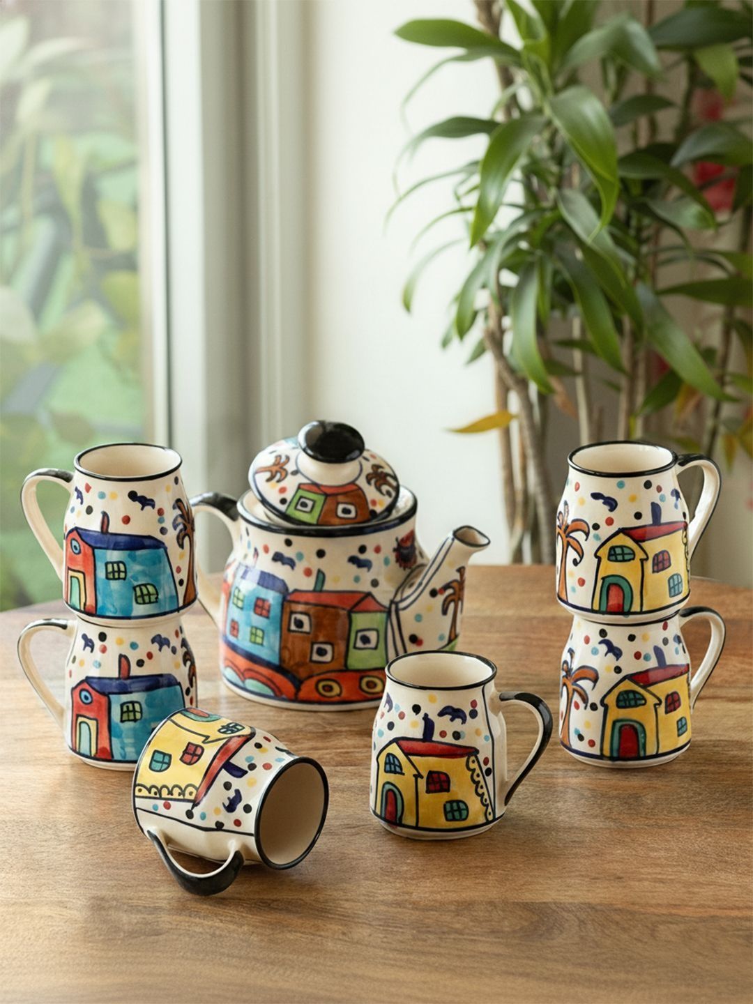 ExclusiveLane White & Black Handcrafted Printed Ceramic Matte Kettle Set of Cups and Mugs-image-49