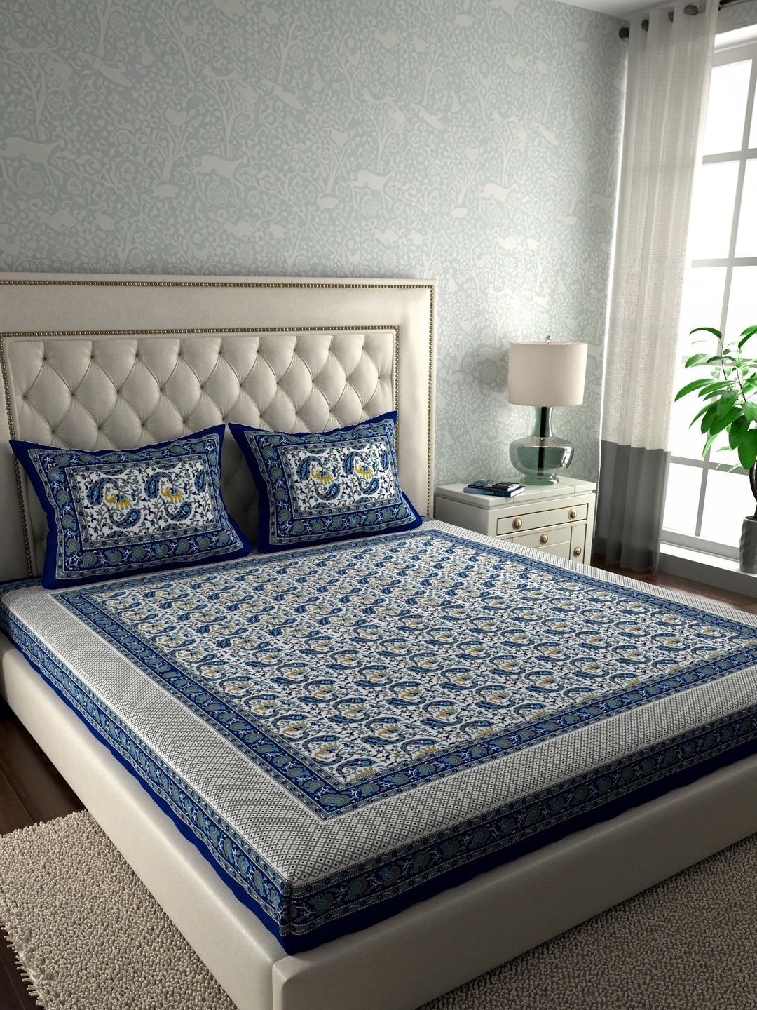 LA VERNE Blue Ethnic Motifs 104 TC King Bedsheet with 2 Pillow Covers-image-10
