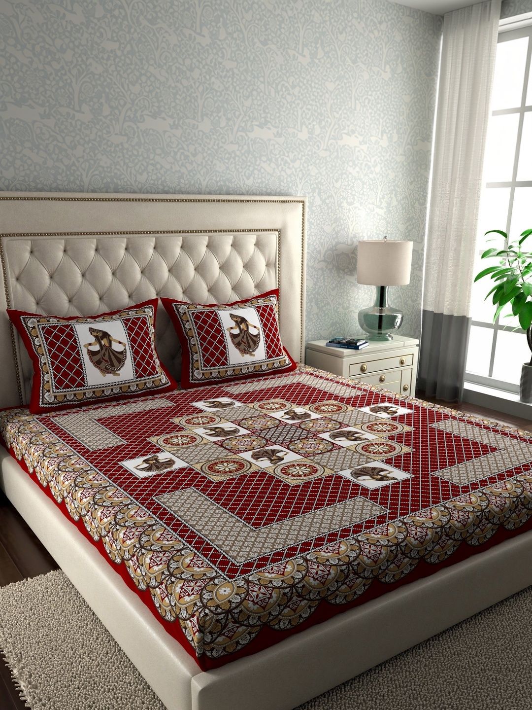 LA VERNE Red Ethnic Motifs 104 TC Bedsheet with 2 Pillow Covers-image-14