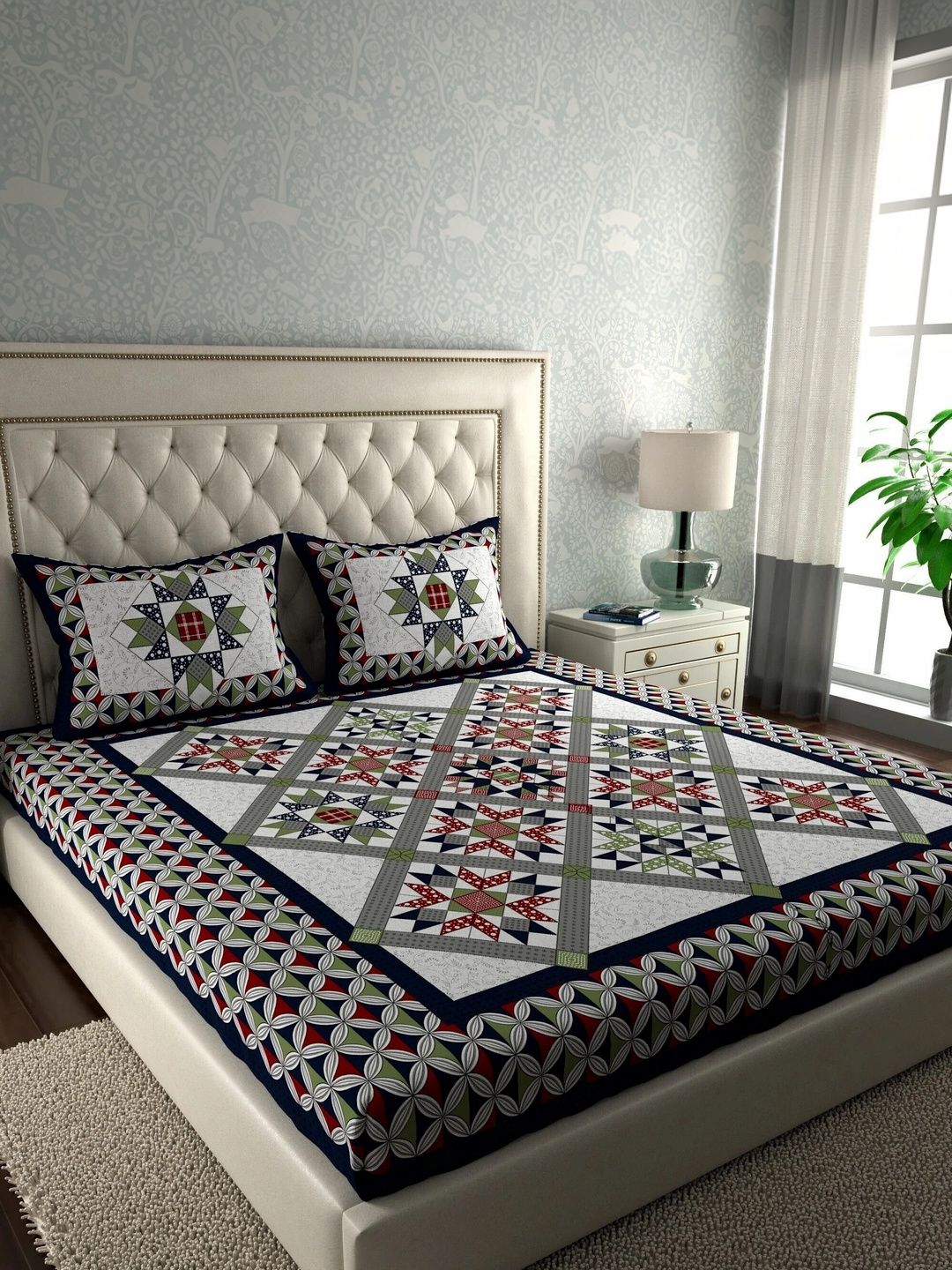 LA VERNE Multicoloured Geometric 104 TC King Bedsheet with 2 Pillow Covers-image-49