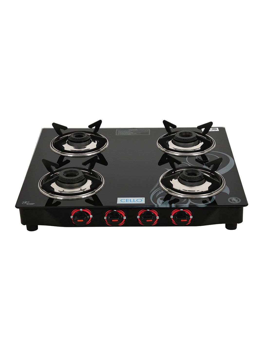 Cello Black Glass Top 4 Burner Manual Gas Stove