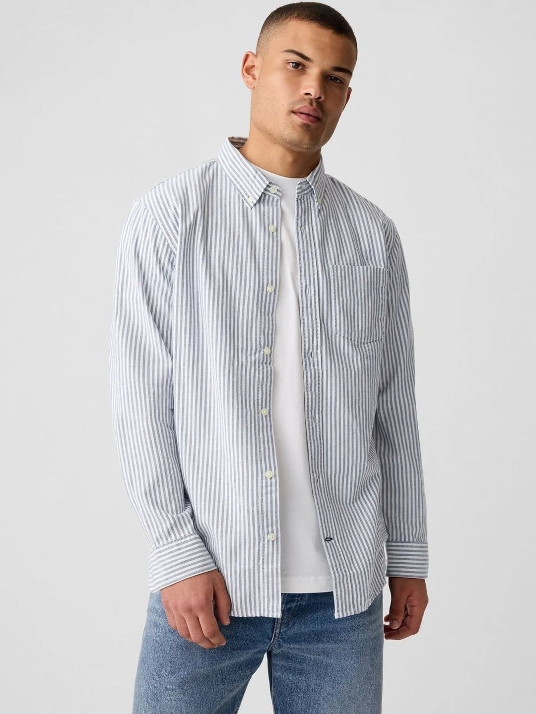 GAP Button Down Collar Vertical Stripes Full Sleeves Grey Shirt-image-47