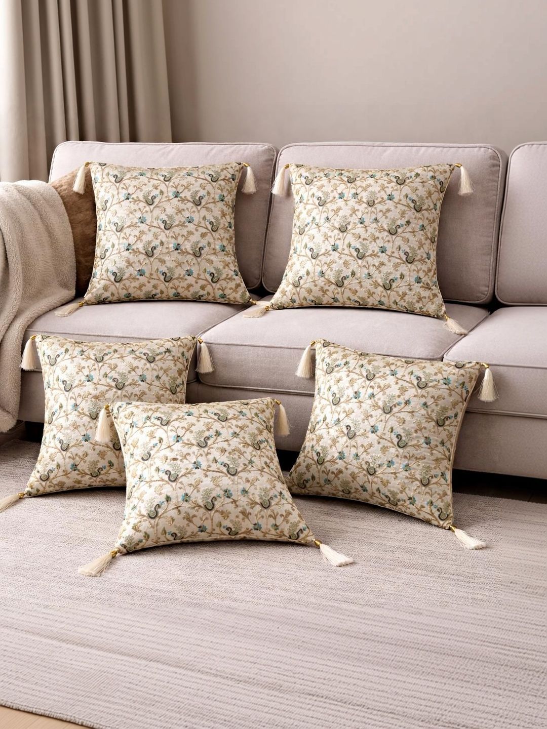 MONKDECOR Green Set of 5 Floral Square Cushion Covers-picture-46