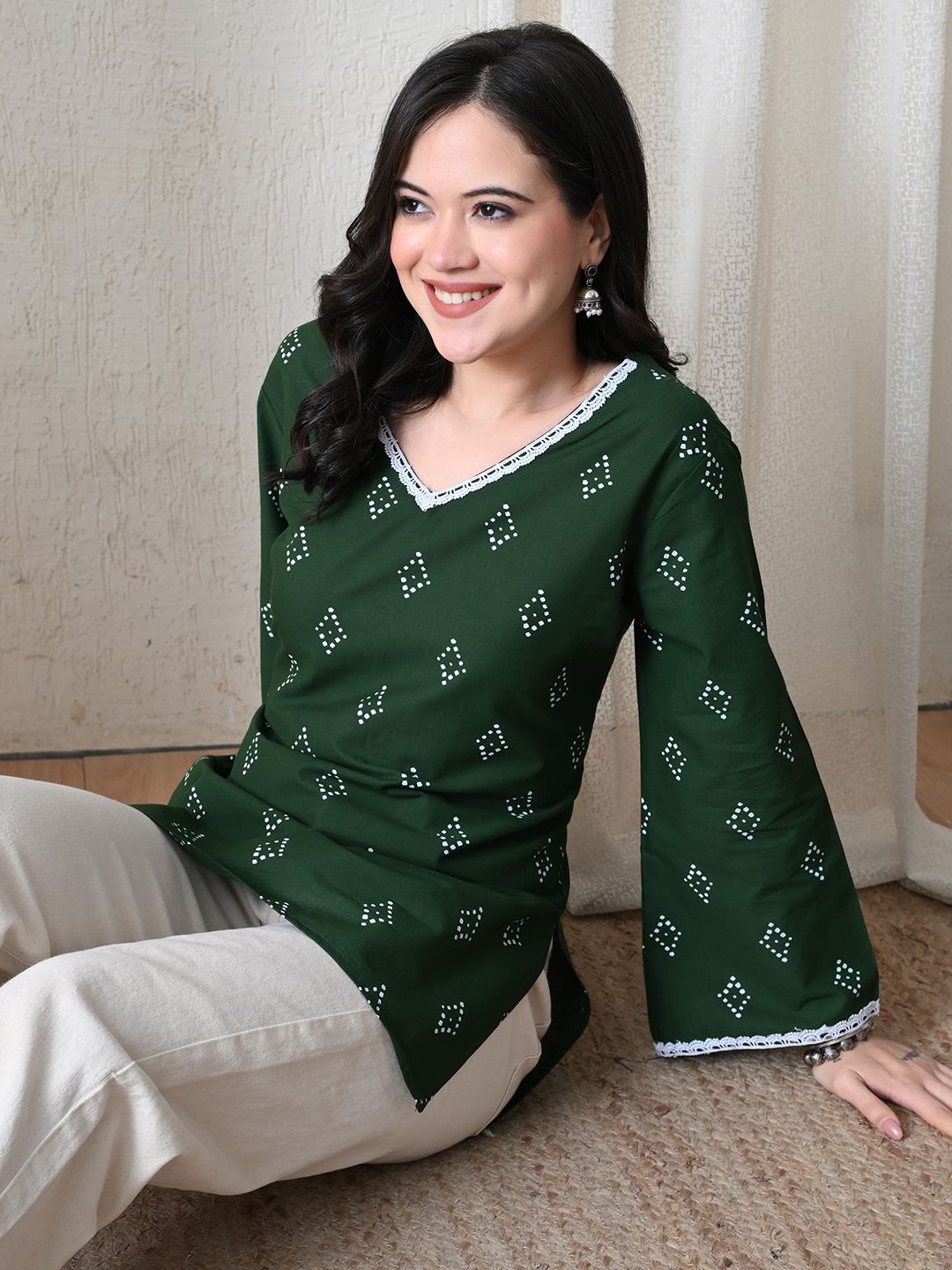 BKApparels Bandhani Printed V-Neck Flared Sleeves Pure Cotton Blend Kurti-picture-21
