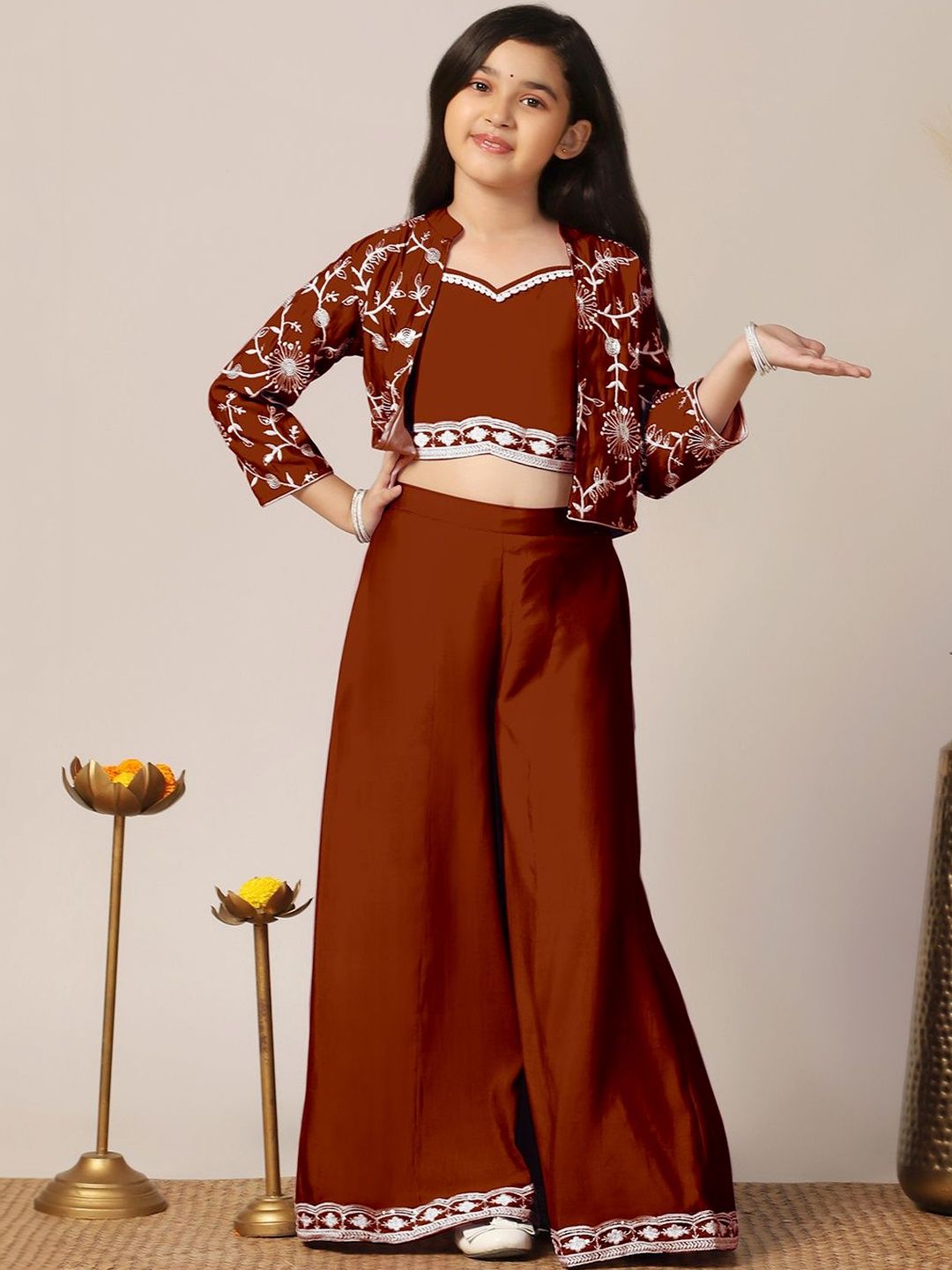 Sangria Girls Embroidered Square Neck Top & Palazzos With Jacket Clothing Set-picture-19