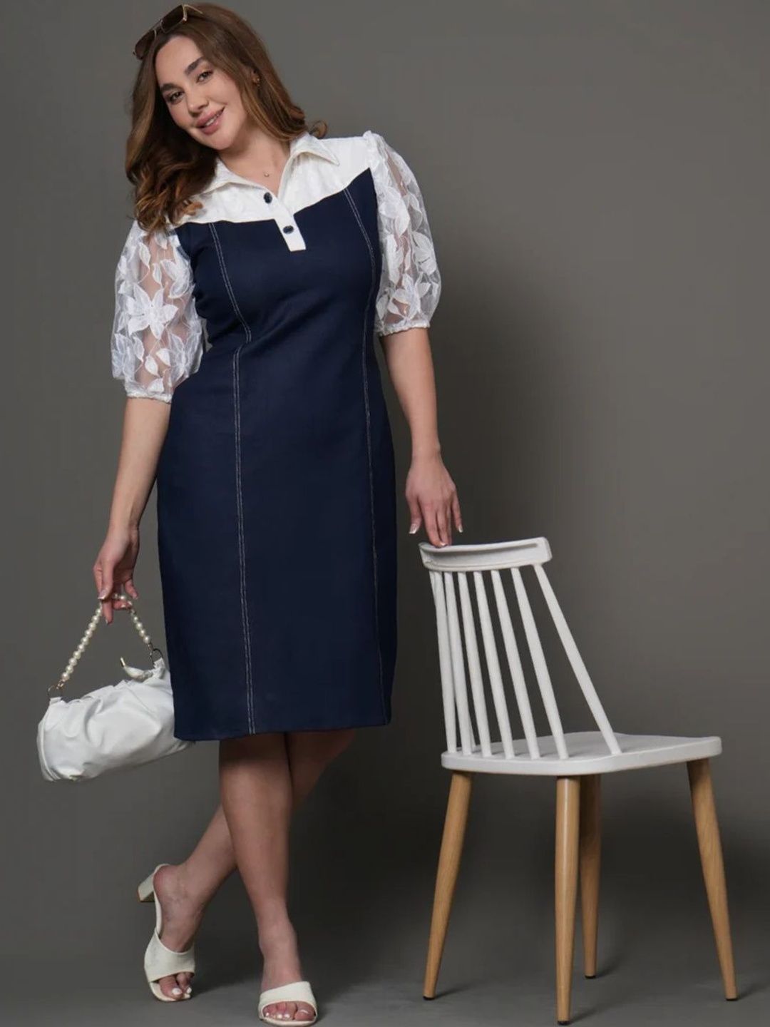 STYLLEY Floral Colourblocked Puff Sleeve Denim Sheath Dress-image-26