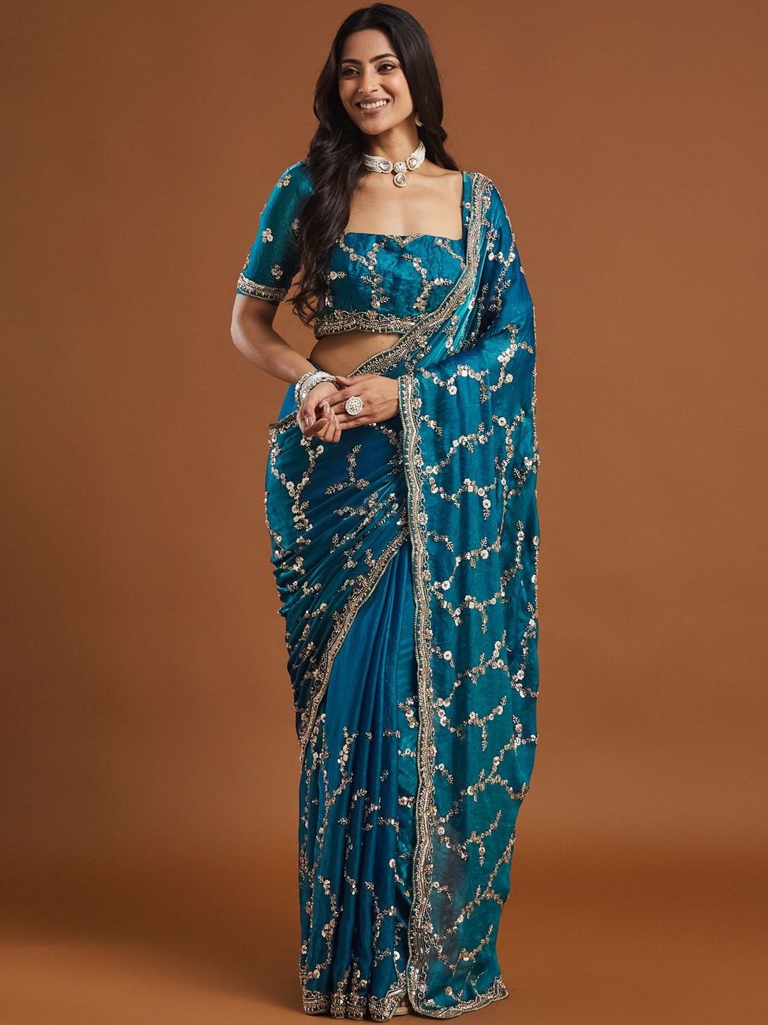kasee Women's Turquoise Blue Embellished Silk Blend Sarees-image-15