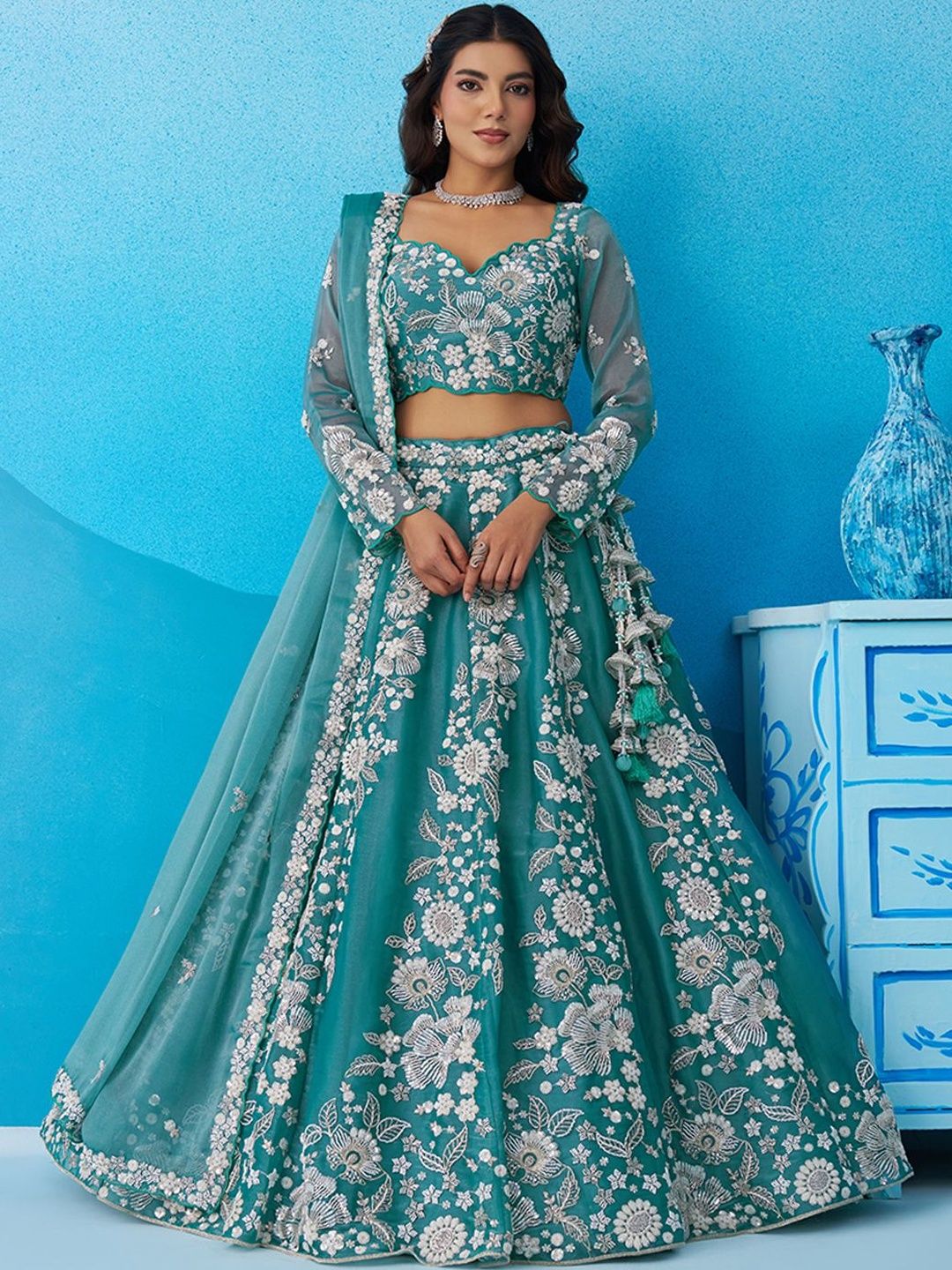 panchhi Embroidered Sequinned Semi-Stitched Lehenga & Unstitched Blouse With Dupatta-image-21