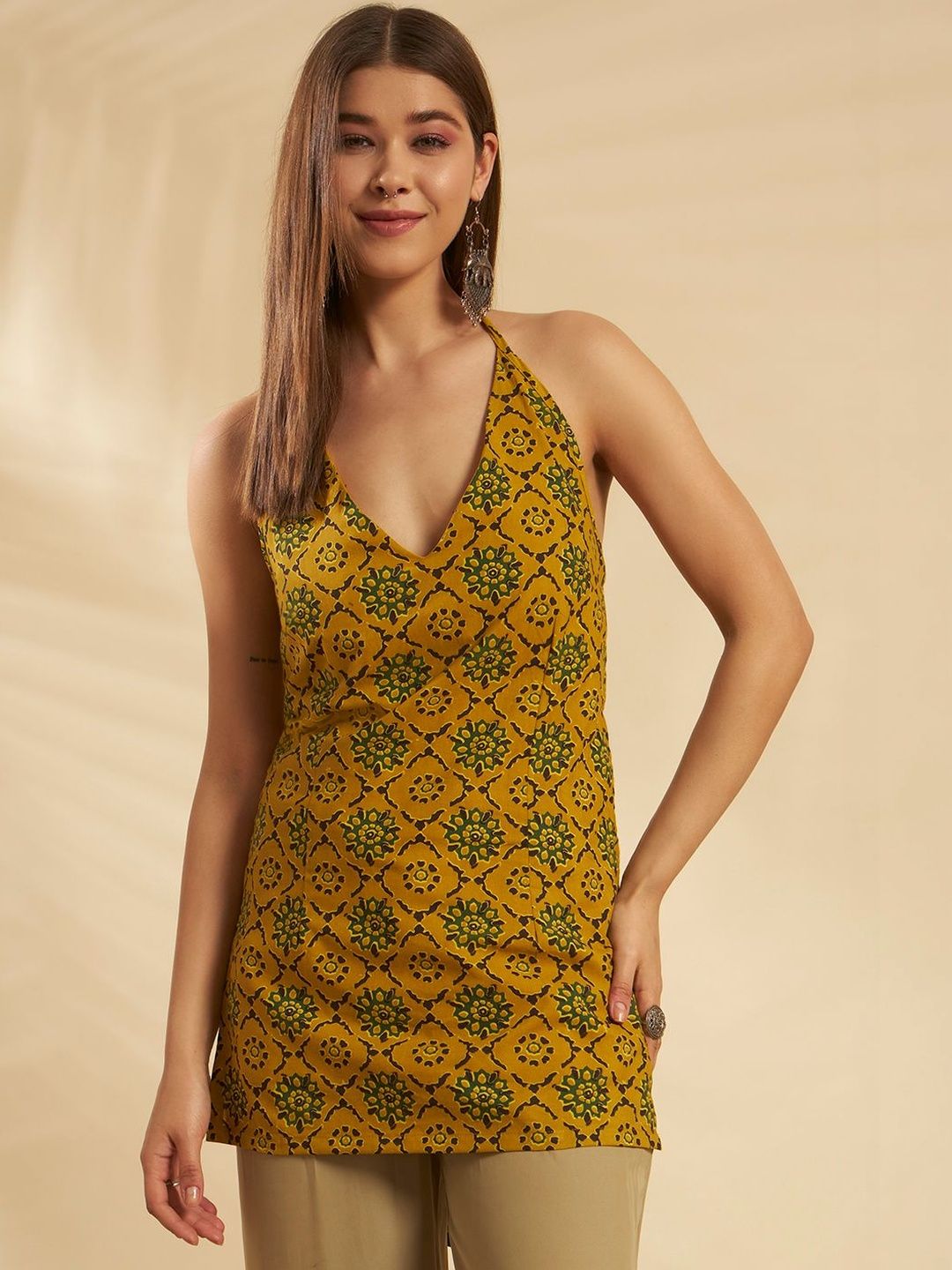 HANDICRAFT PALACE Ethnic Motifs Printed Halter Neck Pure Cotton Blend Kurti-picture-37