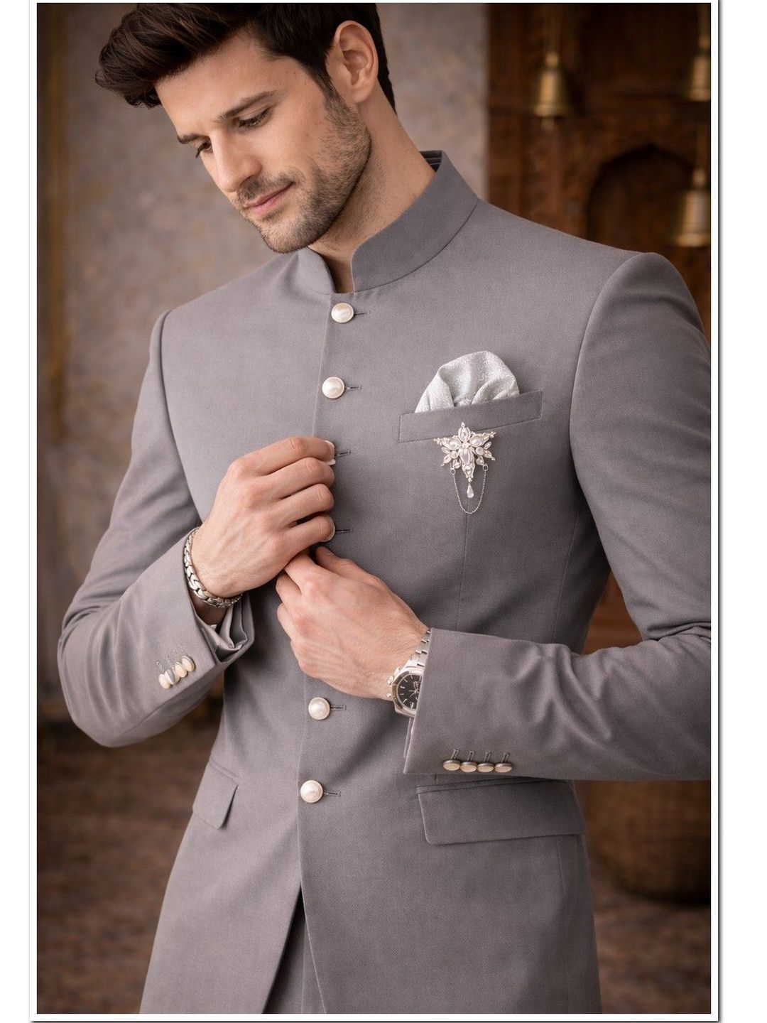 SOURAGYA Cotton Tailored Fit Mandarin Collar Bandhgala Blazers-image-26