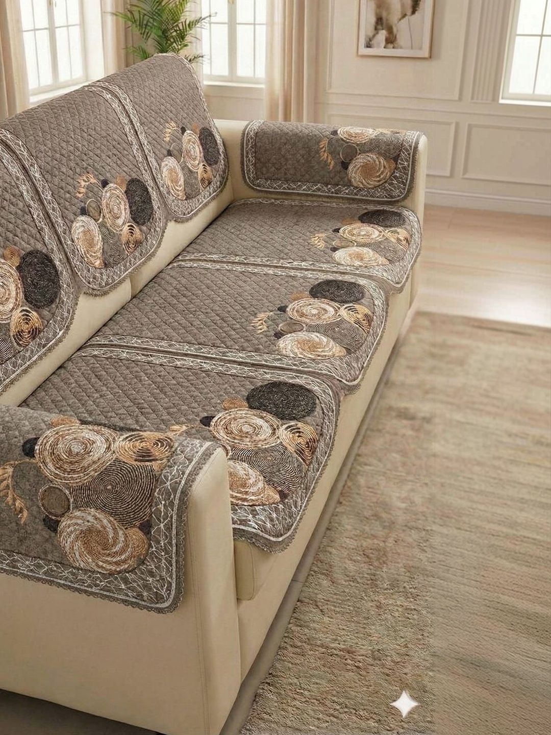 RAINBOW FURNISHINGS Cream-Coloured & Grey Embroidered Sofa Cover Without Arms-image-29