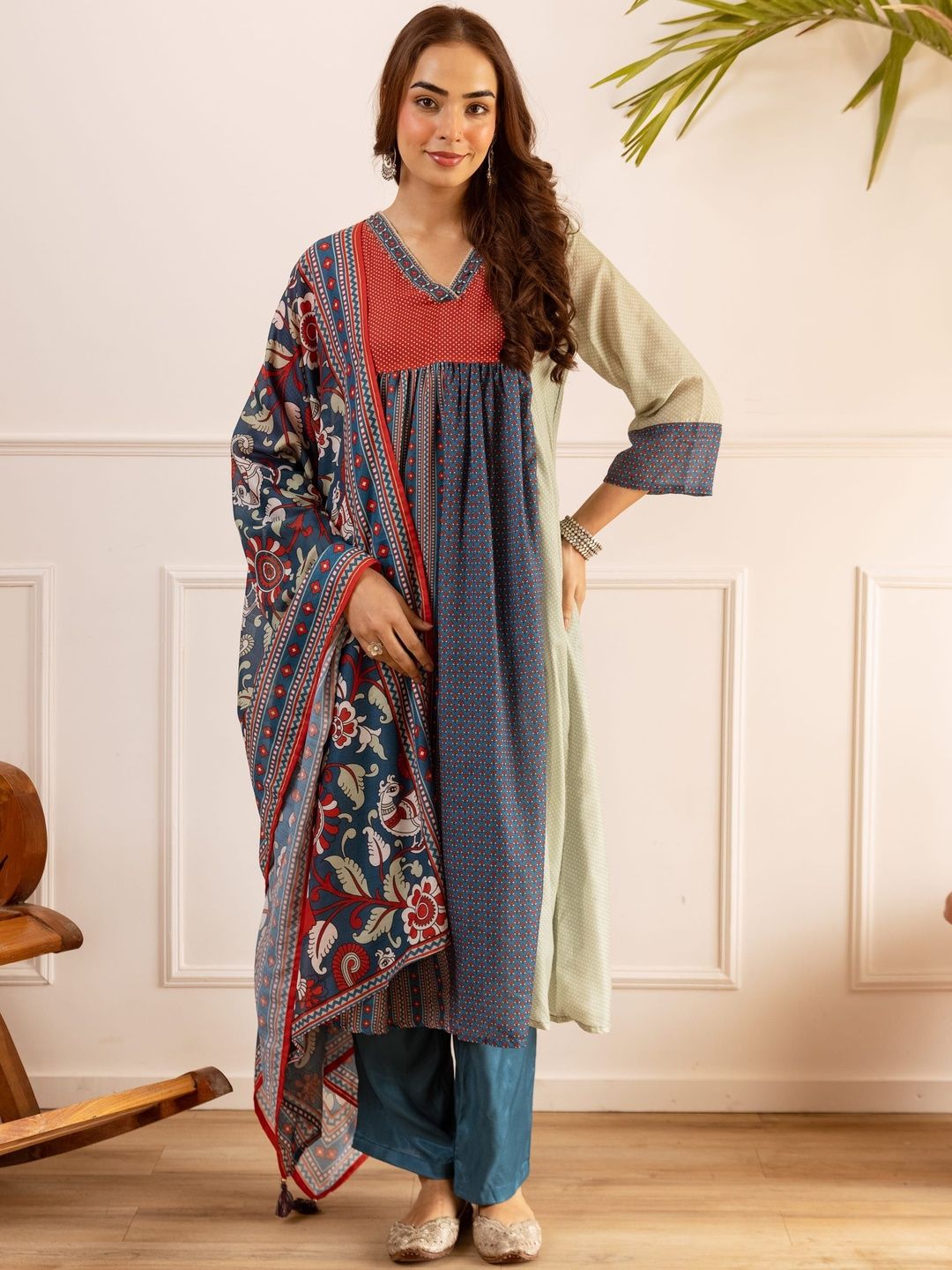 Nehamta Women Ethnic Motifs Printed Tiered Pure Cotton Kurta with Trousers & With Dupatta-picture-53