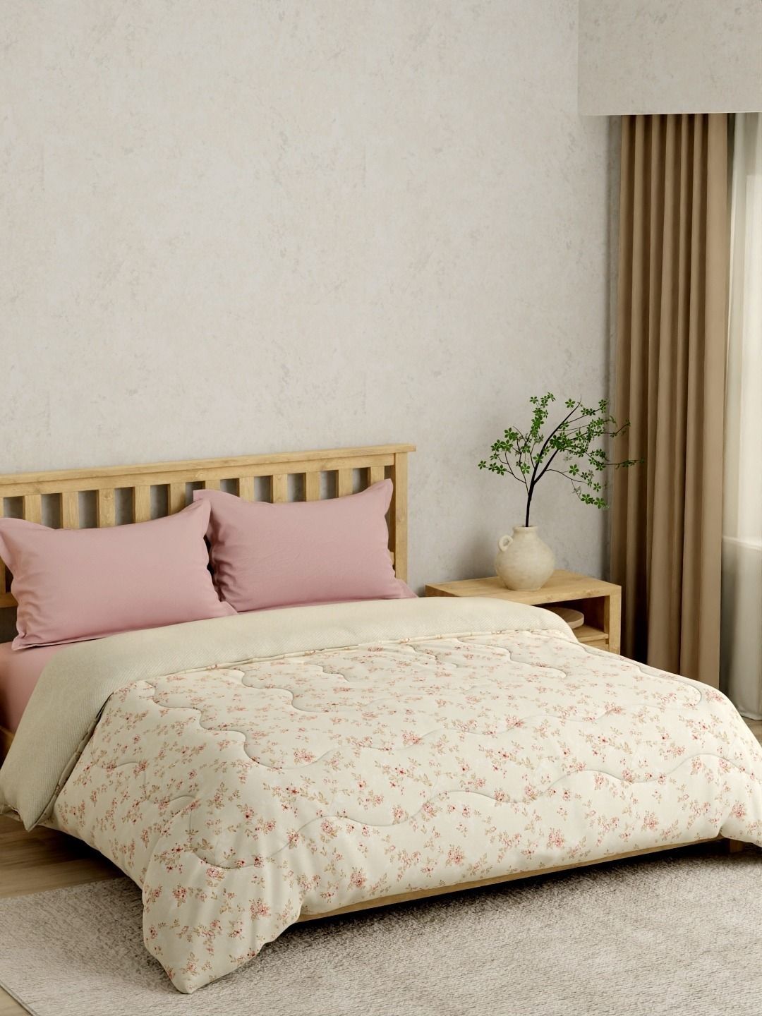Portico Eclectic 52 TC Pure Cotton Pink & Beige Floral King Bed Ac Room Comforter-image-24