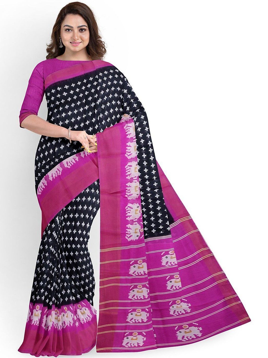 YUGAVEERAA New Black Purple Kalamkari Silk Blend Bhagalpuri Sarees-picture-31