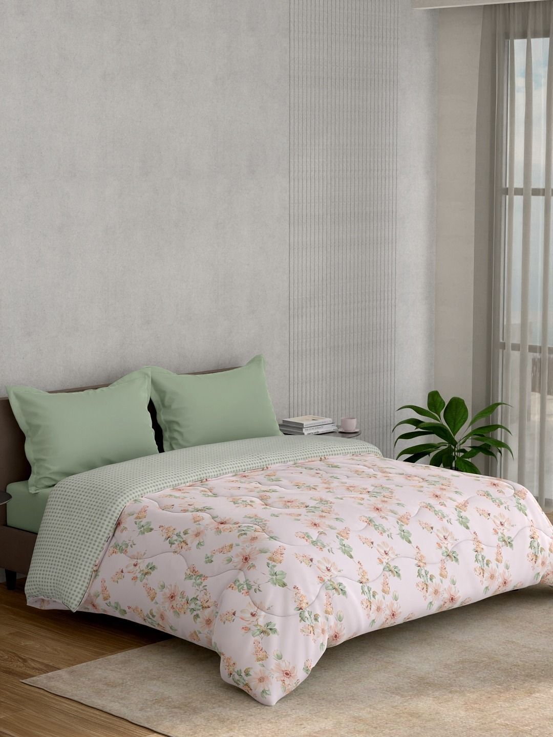 Portico Minova 220 TC Pure Cotton Pink & Green Floral King Bed Ac Room Comforter-image-41
