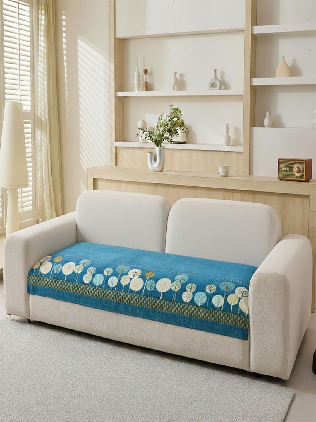 HOUSE OF QUIRK Blue & Blue Printed 1 Piece Sofa Cover Without Arms-picture-58